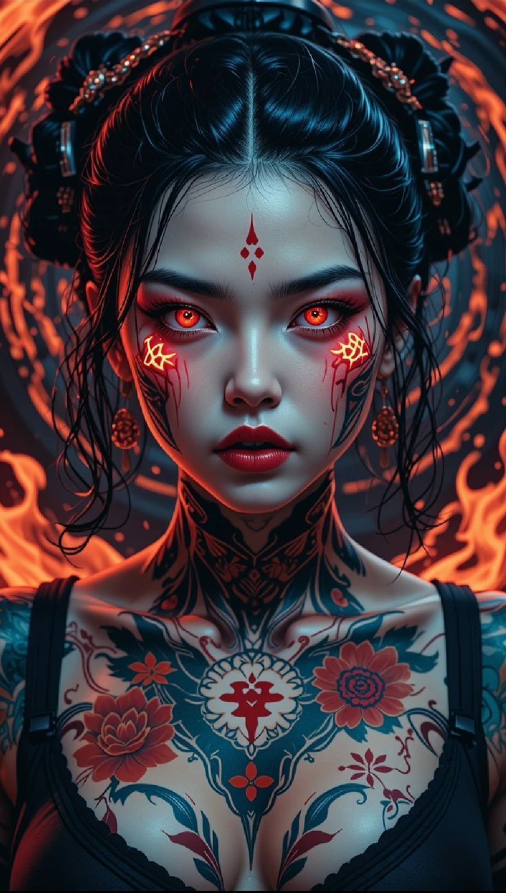 736x1300 Tattooed Girl Poster, Fantasy Art, Glowing Eyes, Full HD, iPhone Wallpaper Aesthetic