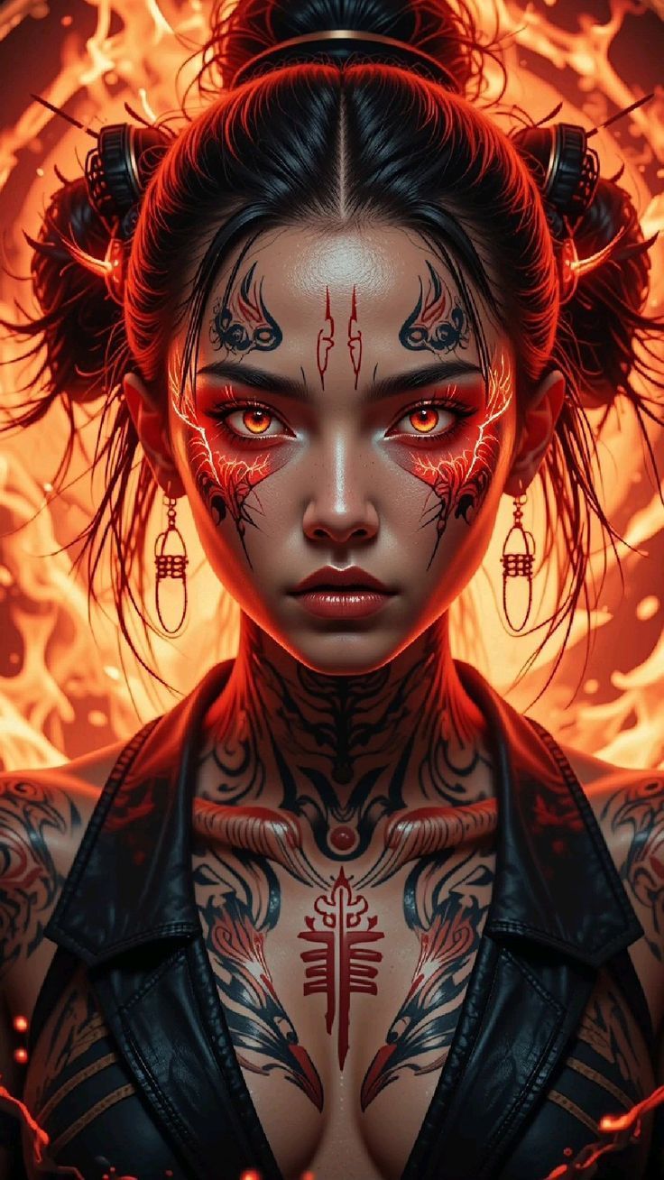 736x1308 Tattooed Girl Poster, Fantasy Art, Glowing Eyes, Full HD, iPhone Wallpaper Aesthetic