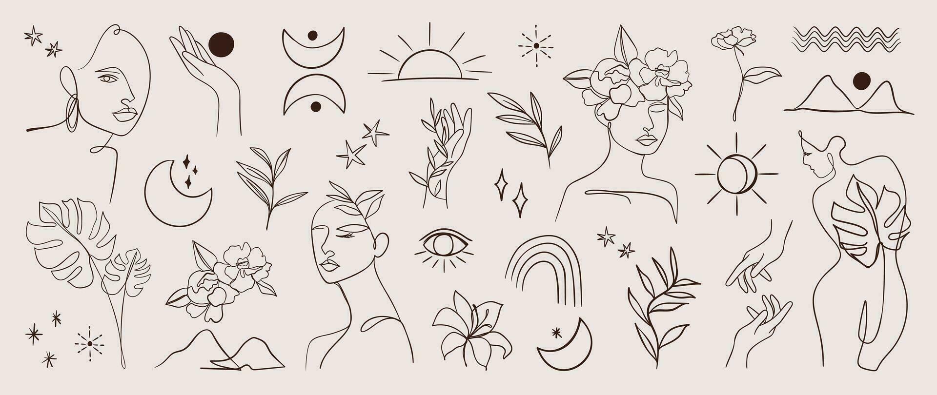 1920x810 Minimal hand drawn line art vector set. Aesthetic line art design with woman body, face, hands, body, mountain, moon, sun, flower. Abstract drawing for wall art, decoration, wallpaper, tattoo. 25552112 Vector Art