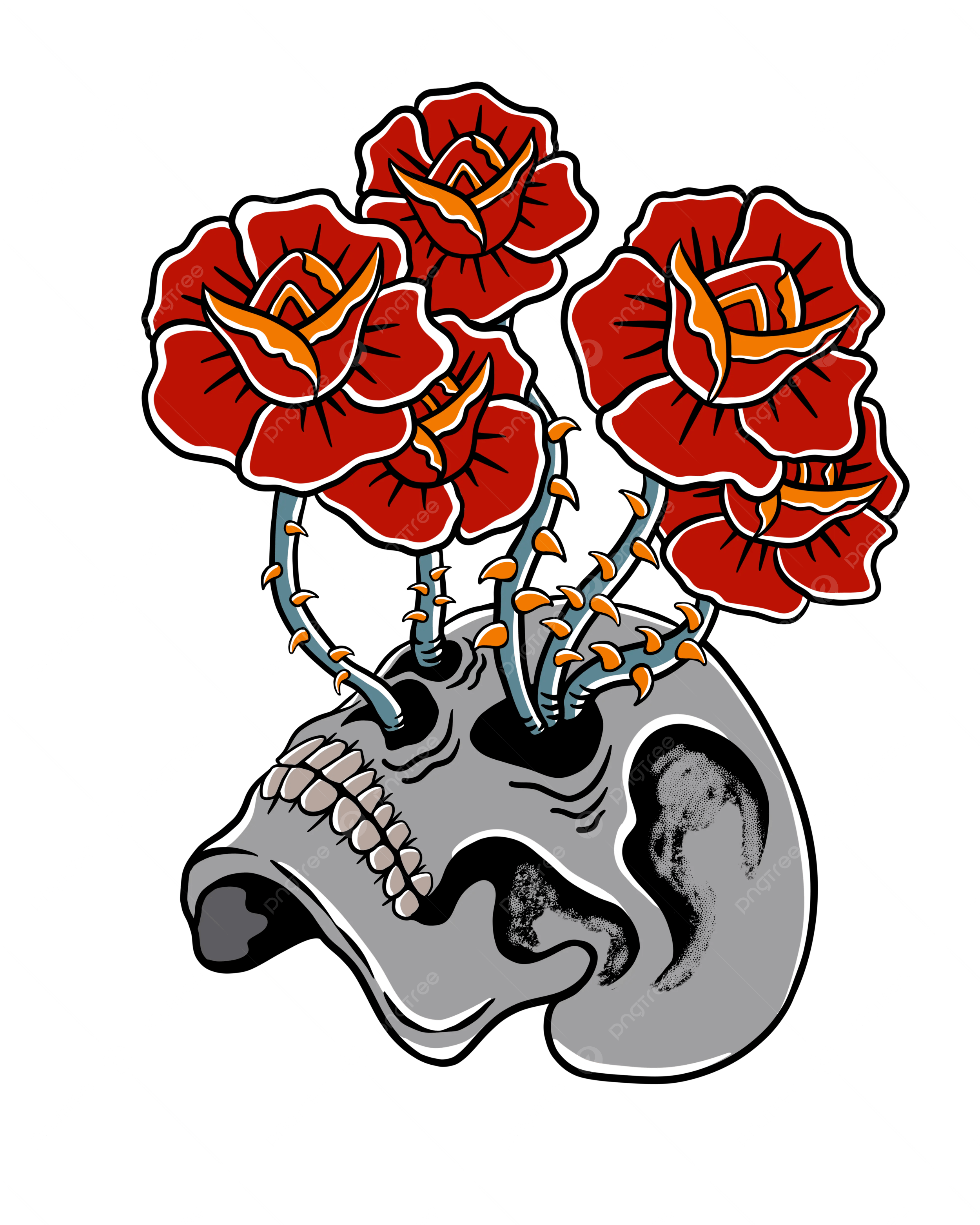 2500x3125 Old School Traditional Tattoo Inspired Cool Graphic Design Illustration Skull With Roses And Flames On Black