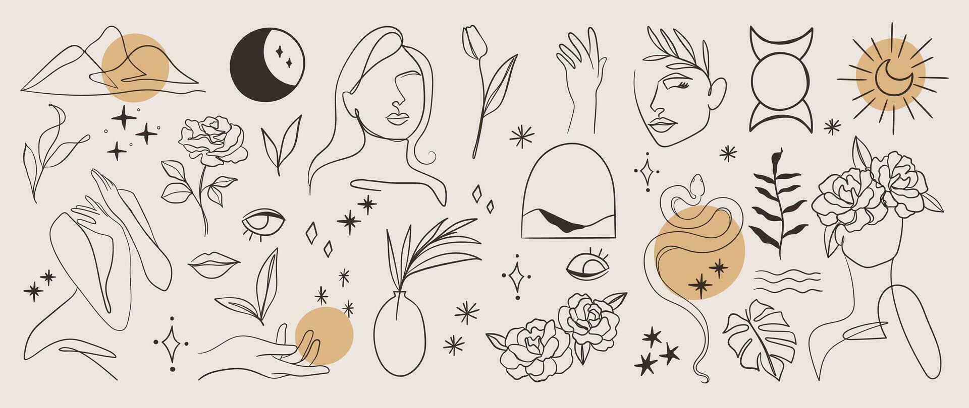 1920x810 Minimal hand drawn line art vector set. Aesthetic line art design with woman body, face, hands, body, mountain, snake, moon, flower. Abstract drawing for wall art, decoration, wallpaper, tattoo. 25552072 Vector Art