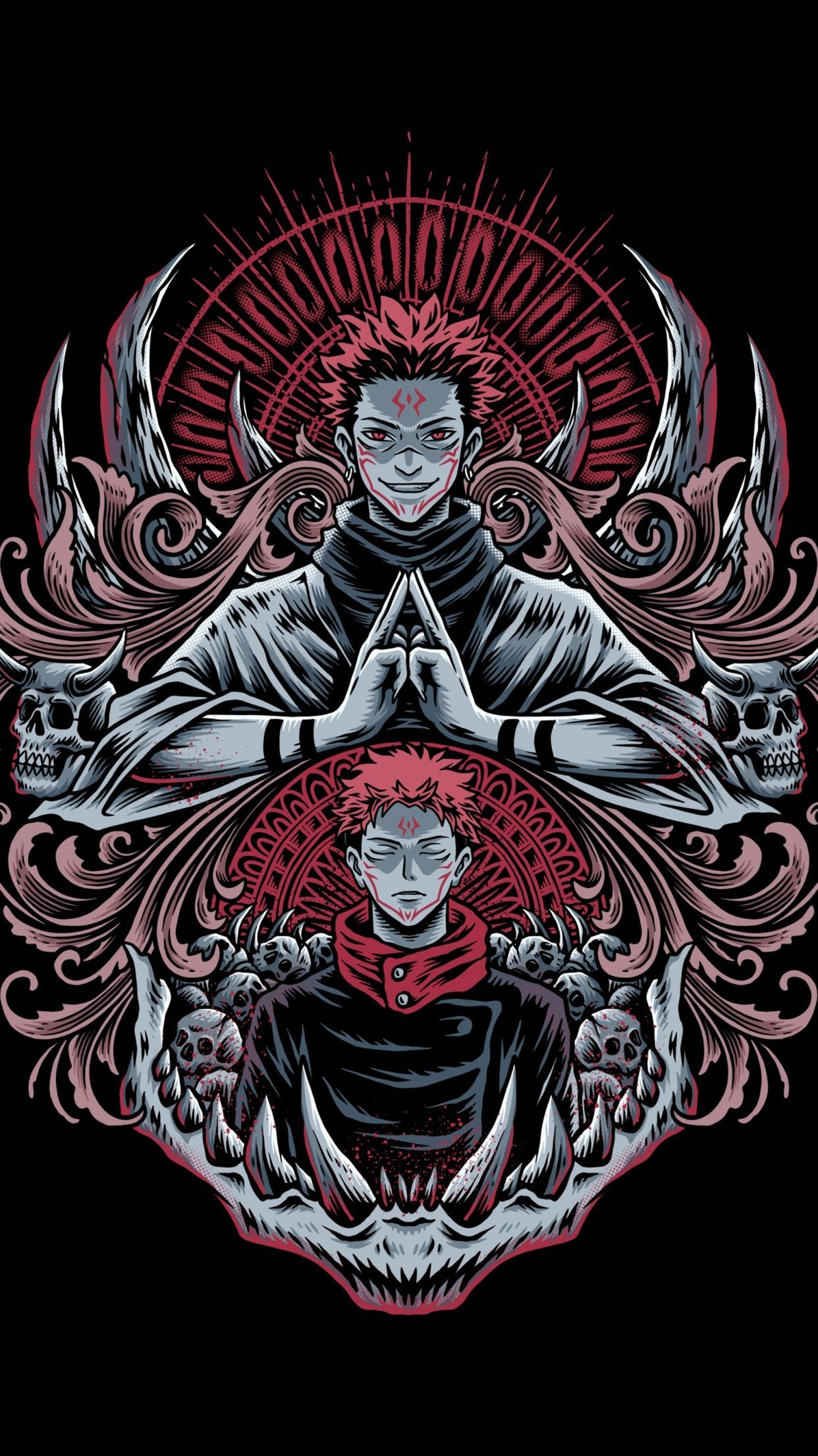 1242x2208 Itadori Yuuji and Sukuna Black Background 5K wallpaper