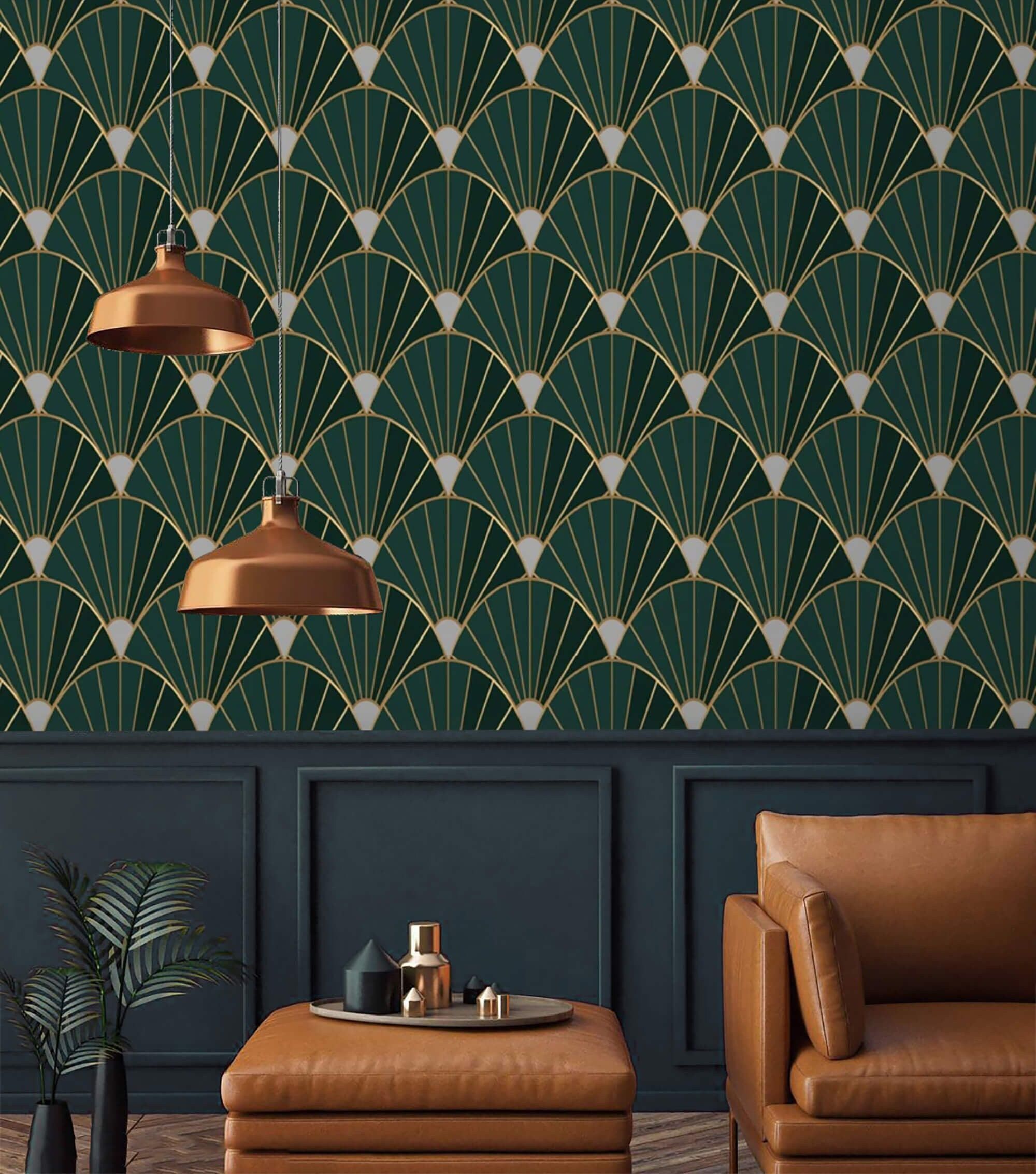 2000x2267 Art Deco Dark Green Wallpaper Fans Peel and Stick Removable or Traditional Wall Paper Mid Century