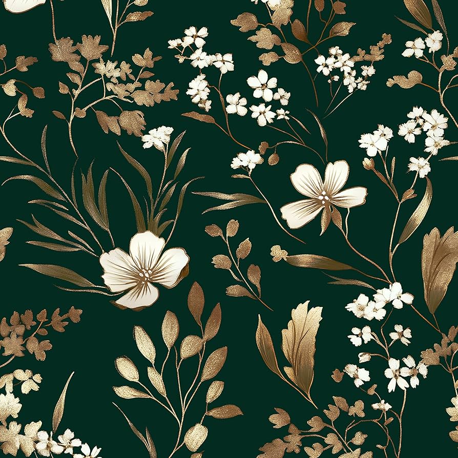 894x894 HENNOR Green Floral Peel and Stick Wallpaper Dark Gold Leaf Wallpaper Vintage Contact Paper 17.5in x 9.8ft Removable Self Adhesive Vinyl Wall Boho Mural Wall Paper for Walls Bedroom Kitchen Drawer