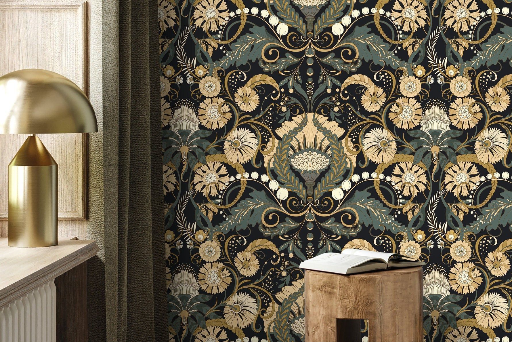 1780x1188 Art Nouveau Wallpaper with Symmetrical Botanicals in Dark Green, Beige, and Black SAMPLE (8.5w x 11h) / Smooth: Peel and Stick