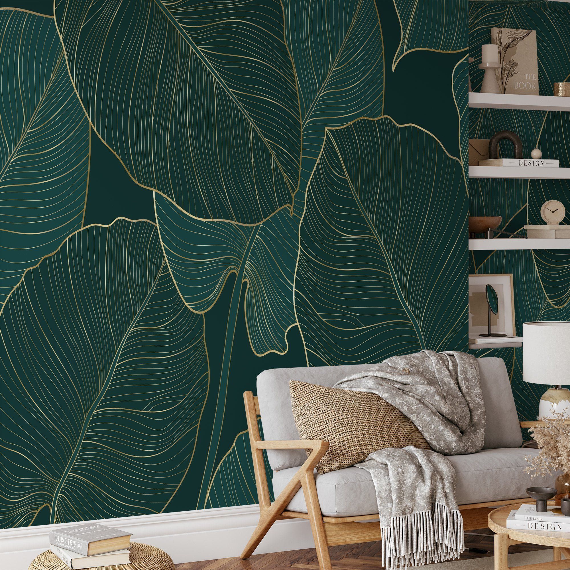 2000x2000 Stunning Dark Green Monstera Leaves With Golden Line Art Adhesive Peel And Stick Nature Wallpaper For A Bathroom Or Kitchen Refresh