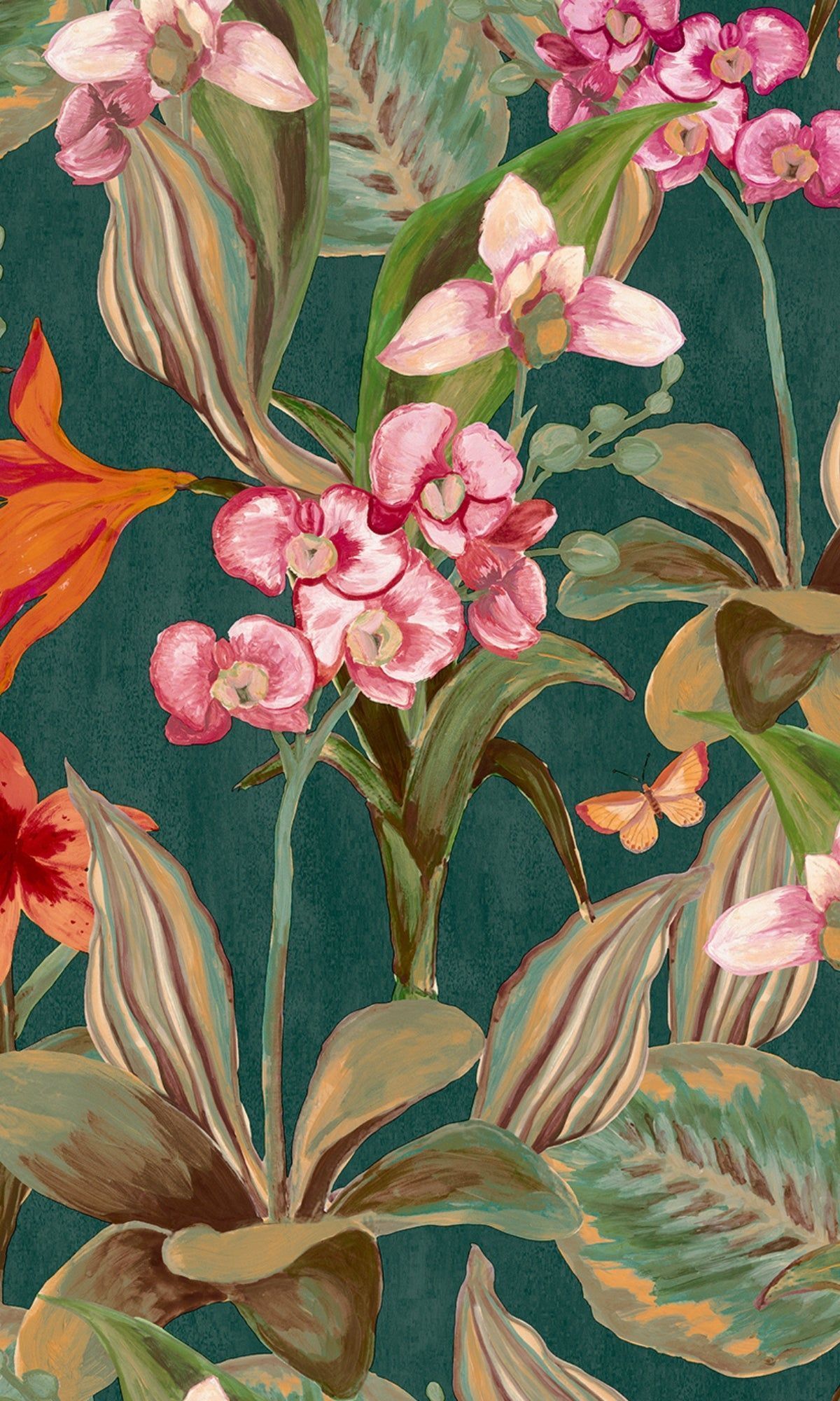 1200x2000 Dark Green Hand Painted Orchids Floral Wallpaper R8142