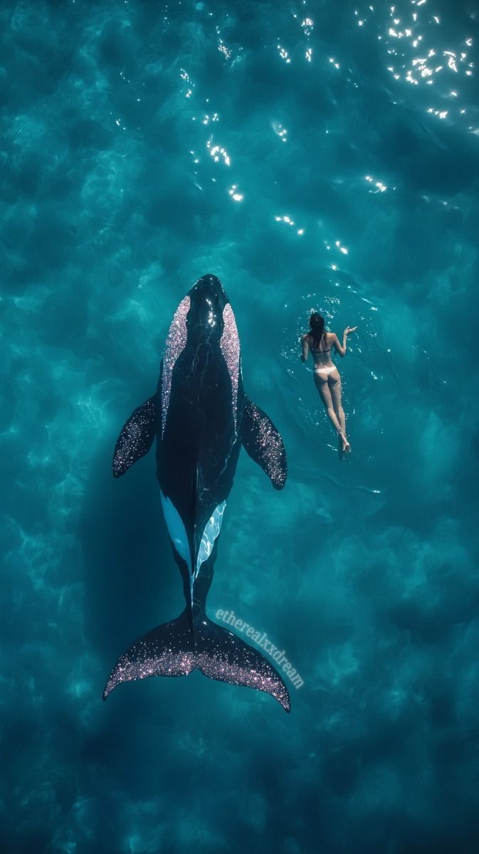 673x1200 Above view of woman swimming in ocean next to Orca Whale, turquoise blue, phone wallpaper