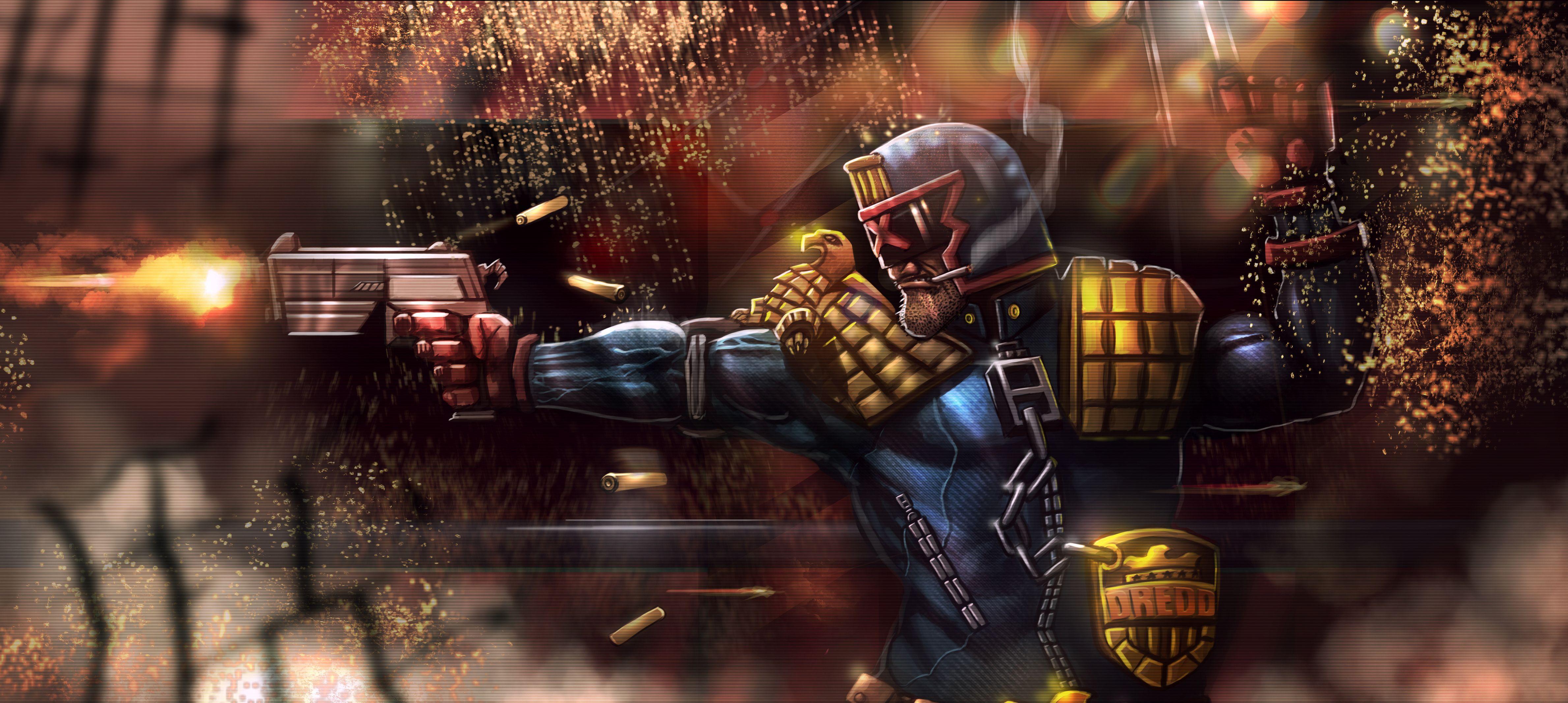 4759x2134 Image Judge Dredd Firing pistol Helmet Dredd Fantasy 4759x2134