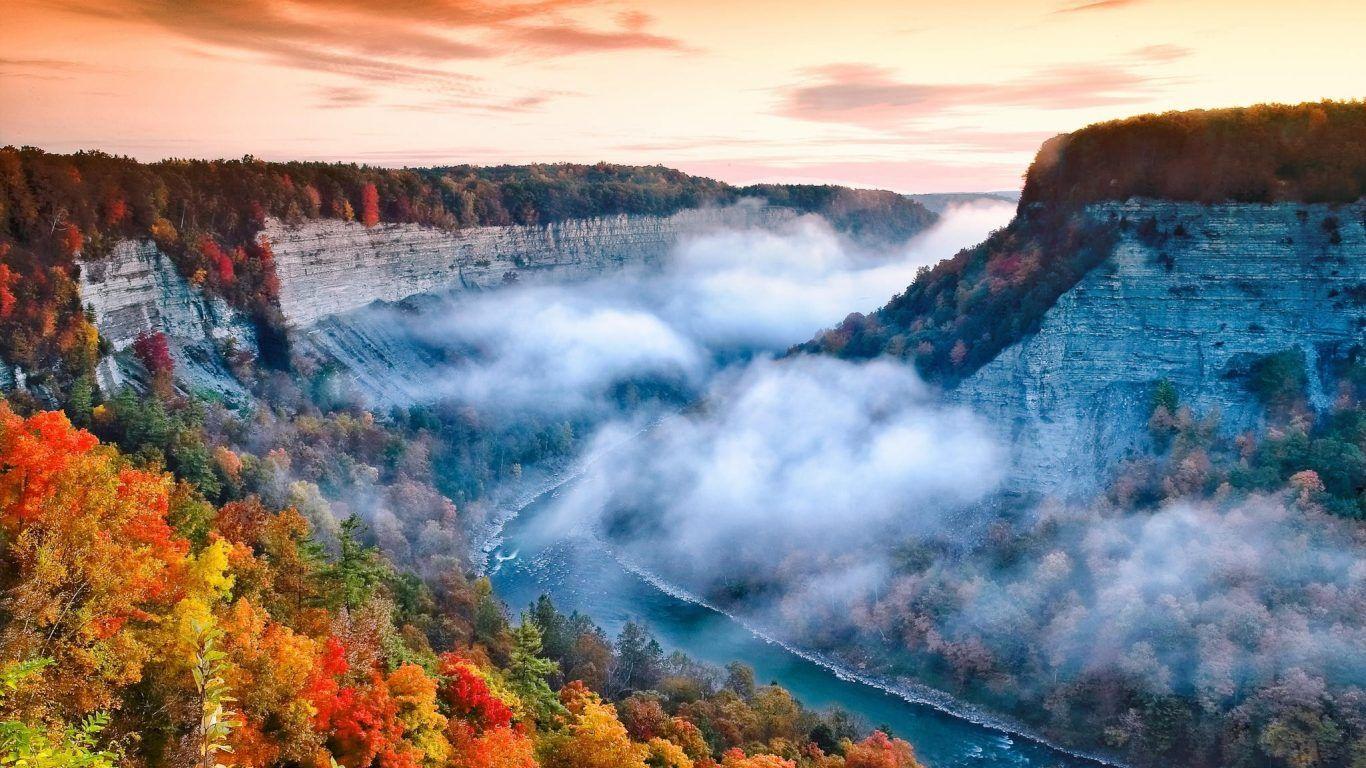 1366x768 Rivers: Autumn Western New State Mist York Great Sunrise Foggy