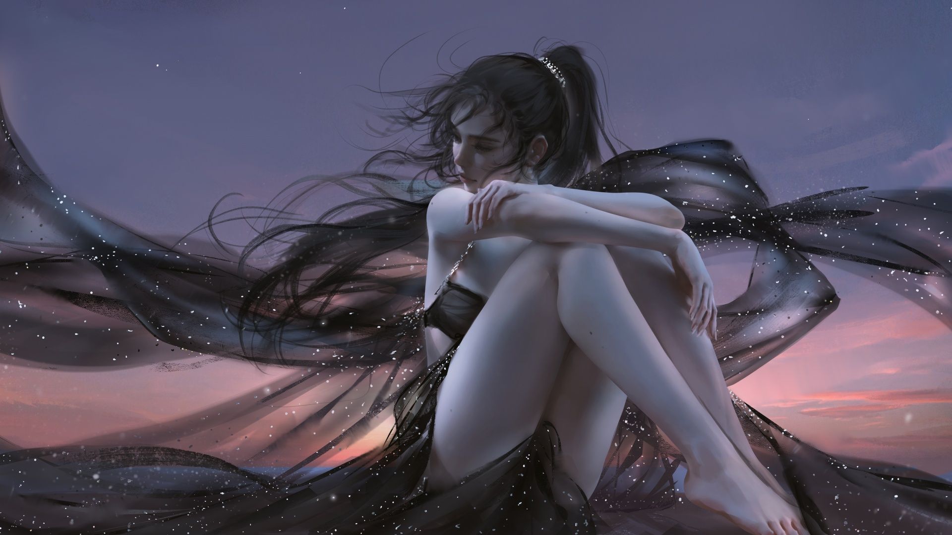 1920x1080 Anime girl Wallpaper 4K, Relaxing, Alone, Thinking