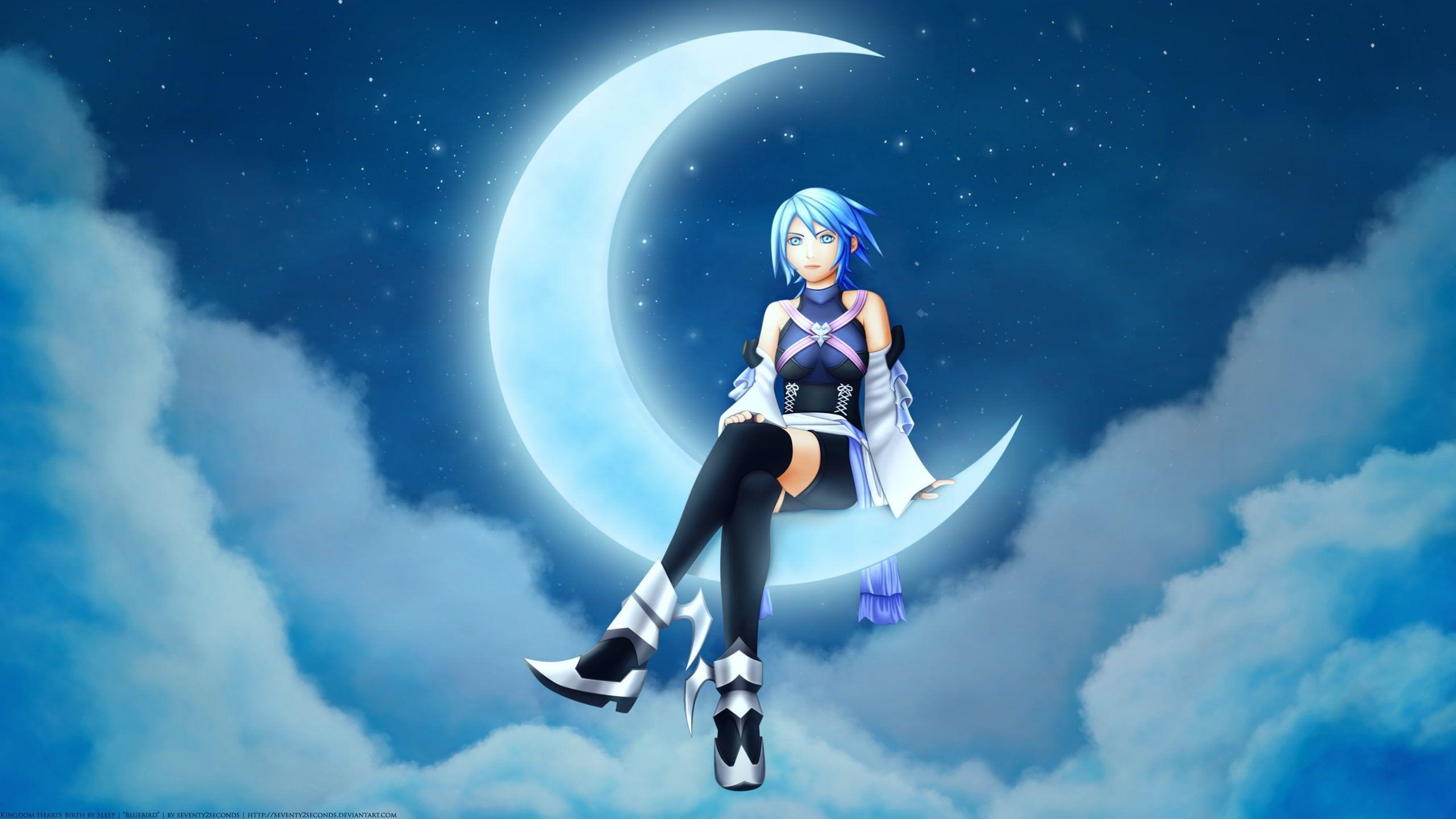 2560x1440 Women video games moon blue hair skyscapes aqua blue moon kingdom