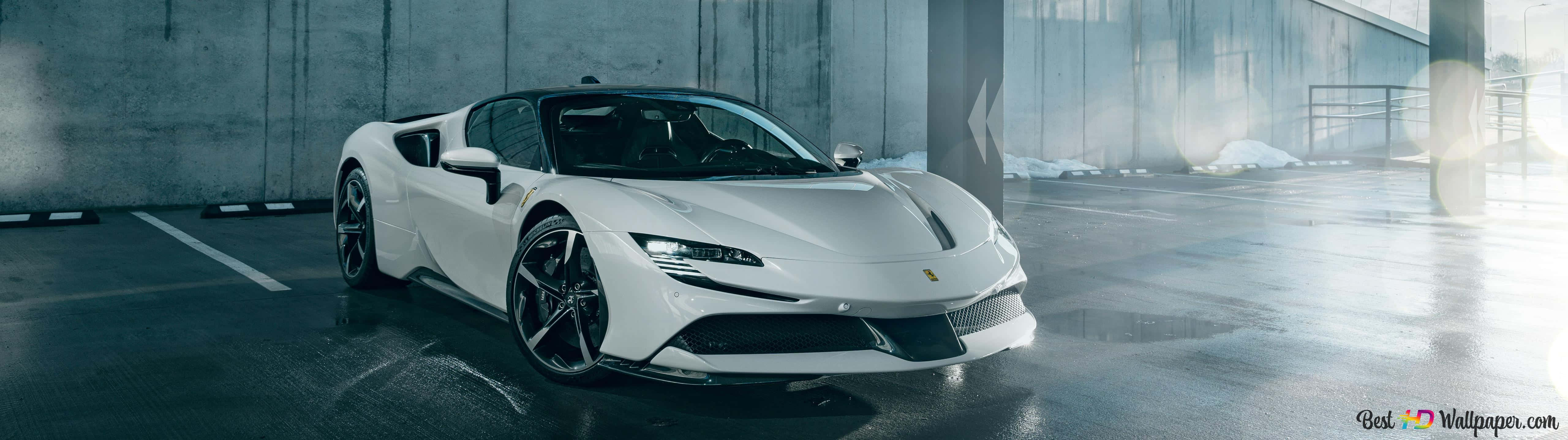 5120x1440 Download A White Ferrari lies parked in the sun Wallpaper