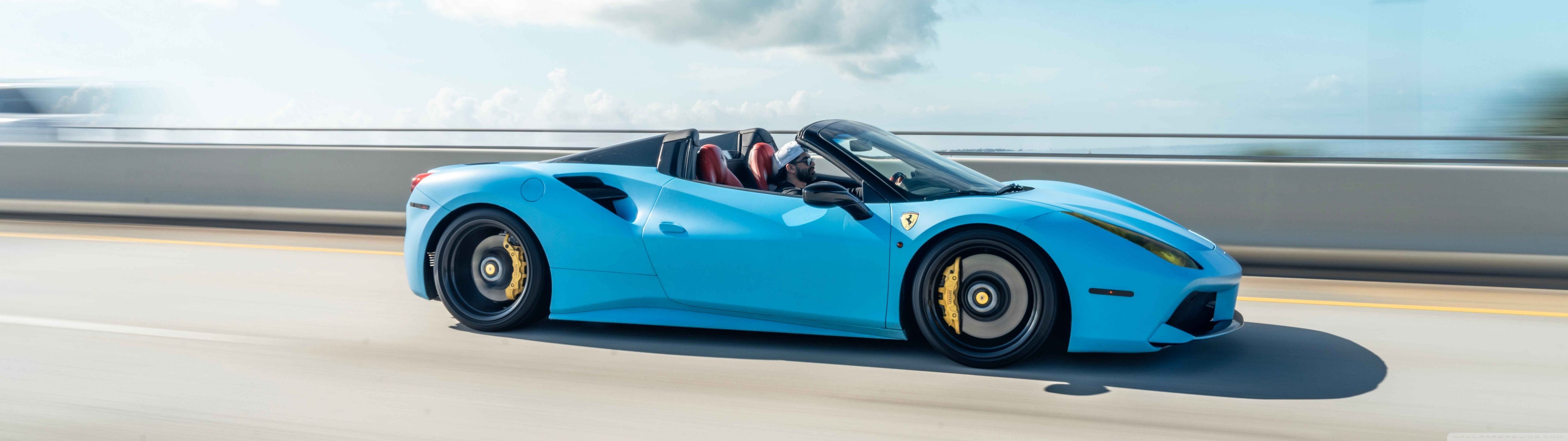 5120x1440 Blue Ferrari Sports Car on the Highway 4K UHD Wallpaper for UltraHD Desktop and TV : Widescreen and UltraWide Display