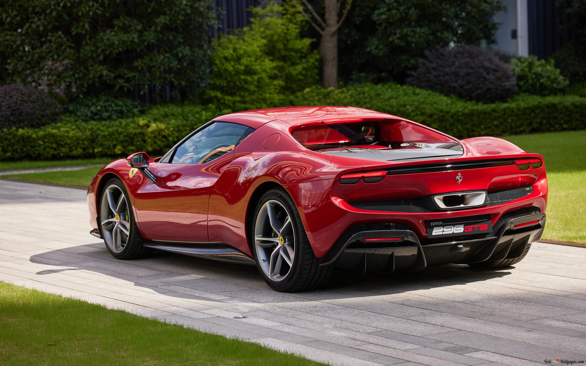 1920x1200 Rear view of new red ferrari 296 gtb standing on road 8K wallpaper download