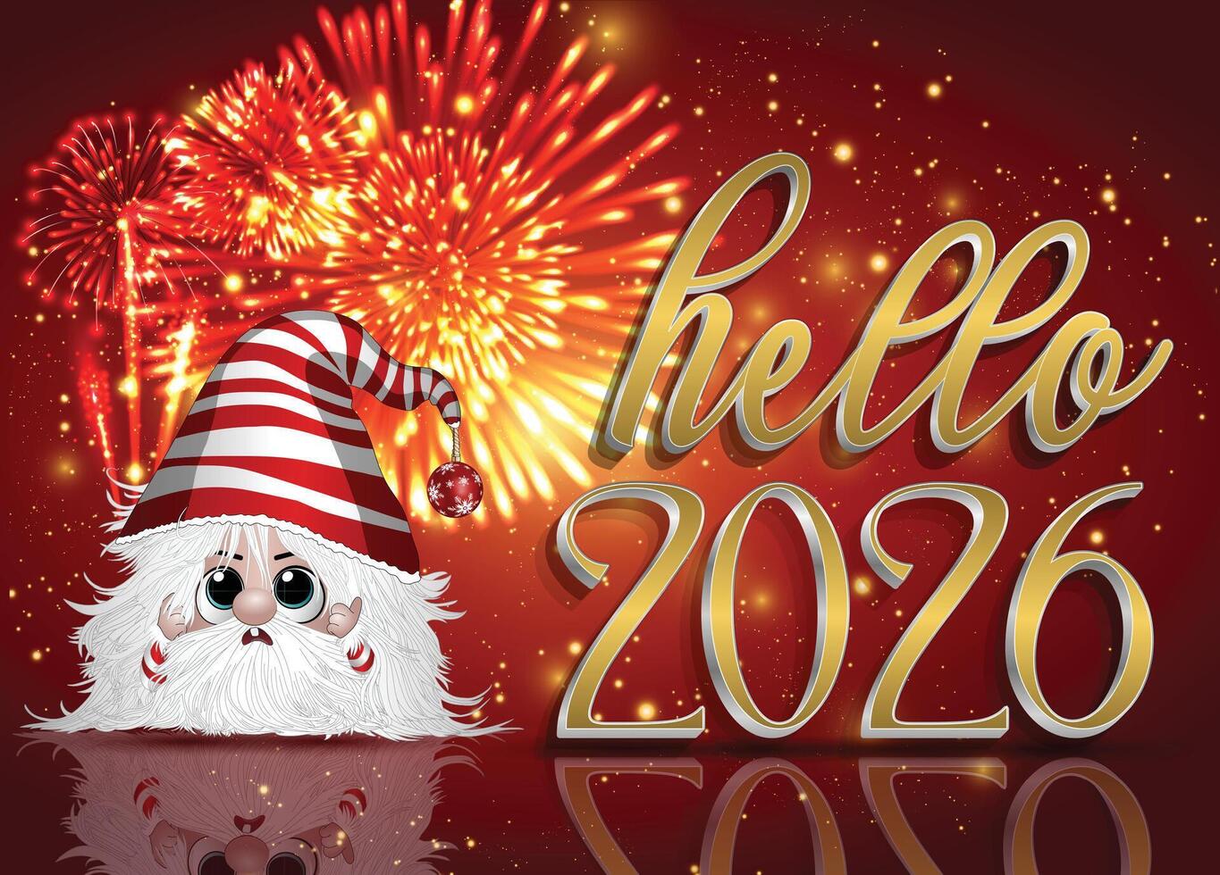 1365x980 Happy New Year card designed with a cute character and fireworks against a red backdrop