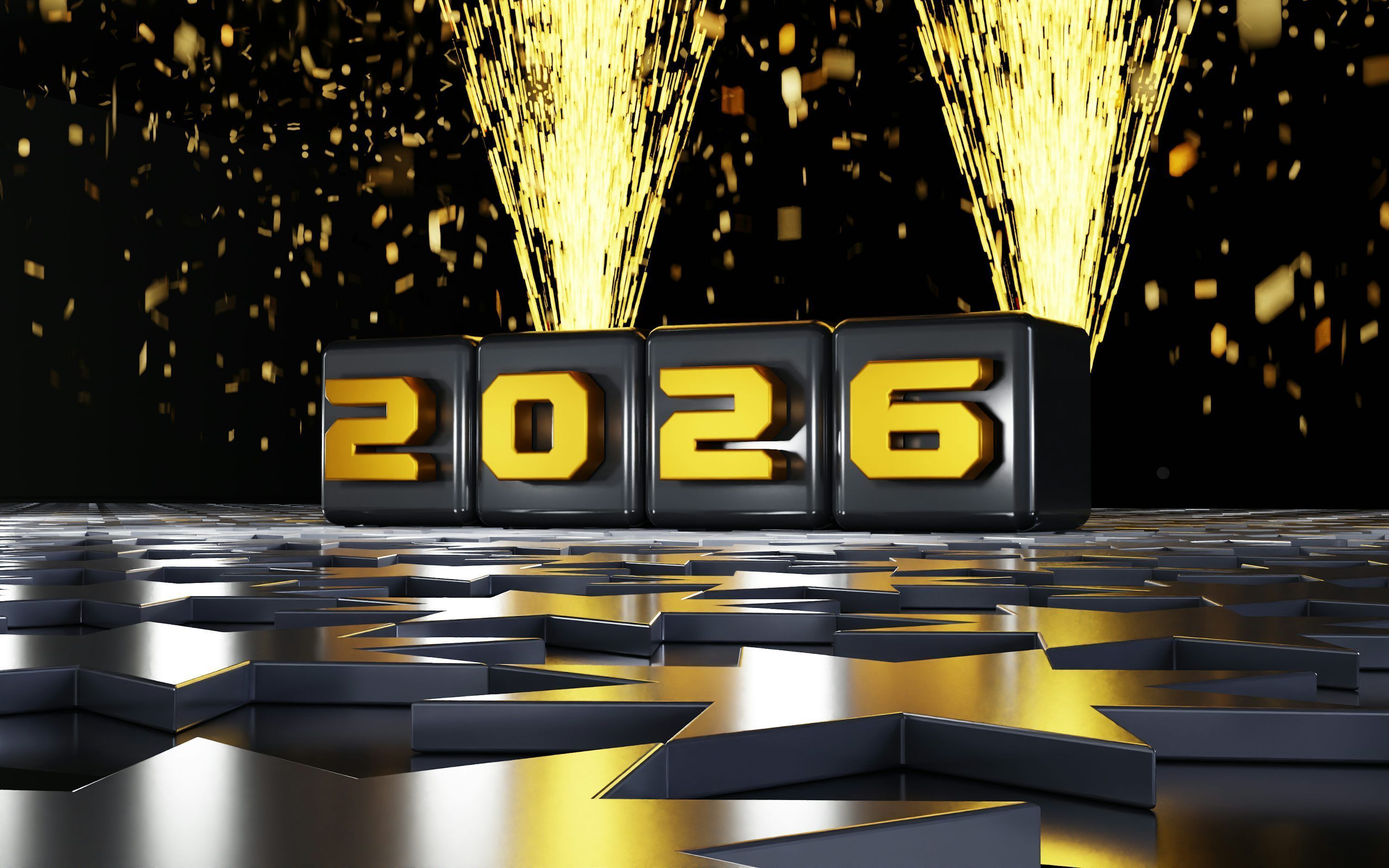 3000x1875 Year 2026 with golden sparks and confetti photo