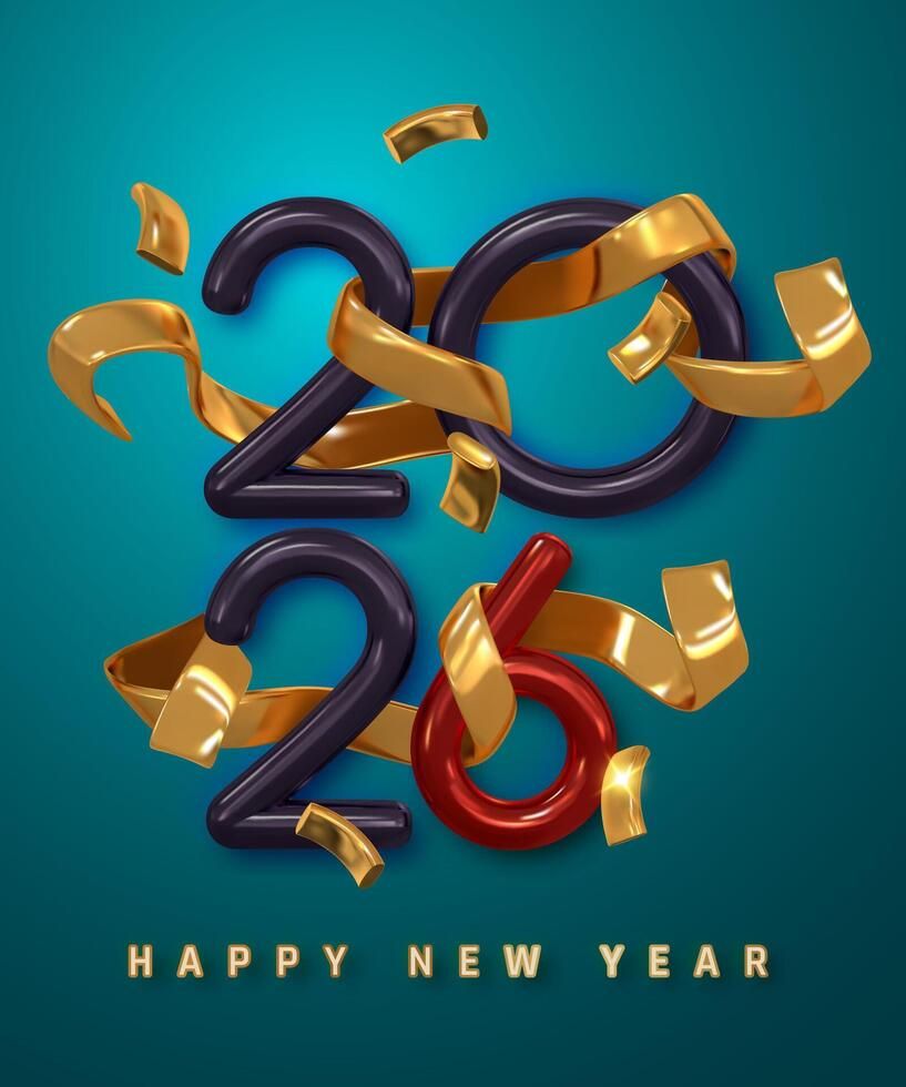 817x980 Happy New Year Greeting With Bold 3D Numbers, Glossy Gold Ribbon, And Confetti On Teal Background. Festive Celebration Holiday Concept. Illustration