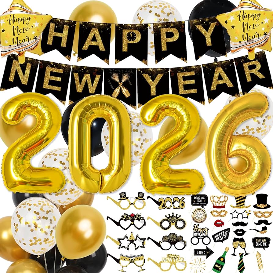 894x894 Happy New Years Decorations Set New Years Eve Party Supplies Gold Numbers 2026 Balloons, New Year Photo Props and Happy New Year Glasses : Home & Kitchen