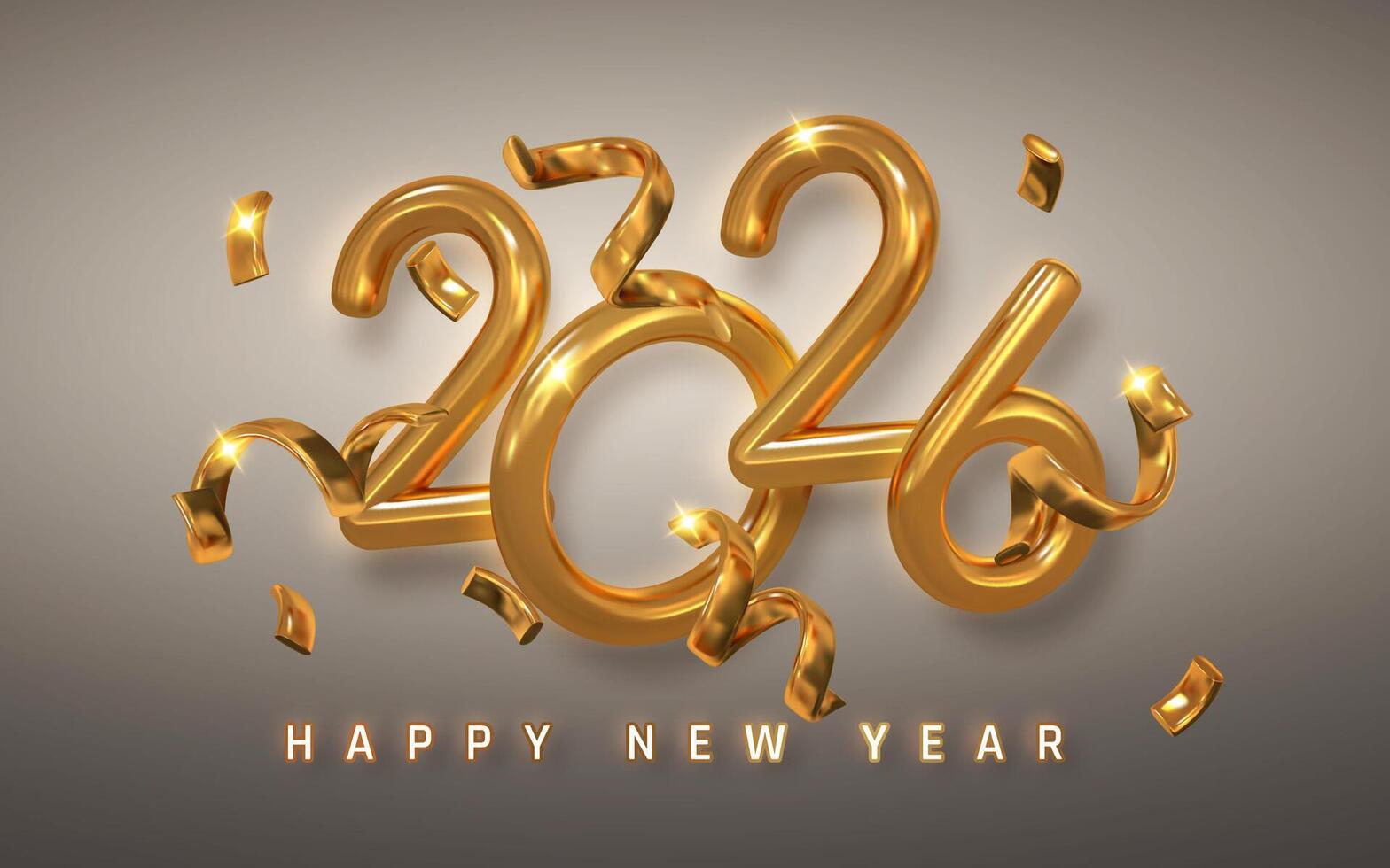1568x980 Golden 2026 Happy New Year Text with Shiny Metallic Numbers and Sparkling Confetti on Elegant Background. Perfect for Festive Design and Celebration. Illustration