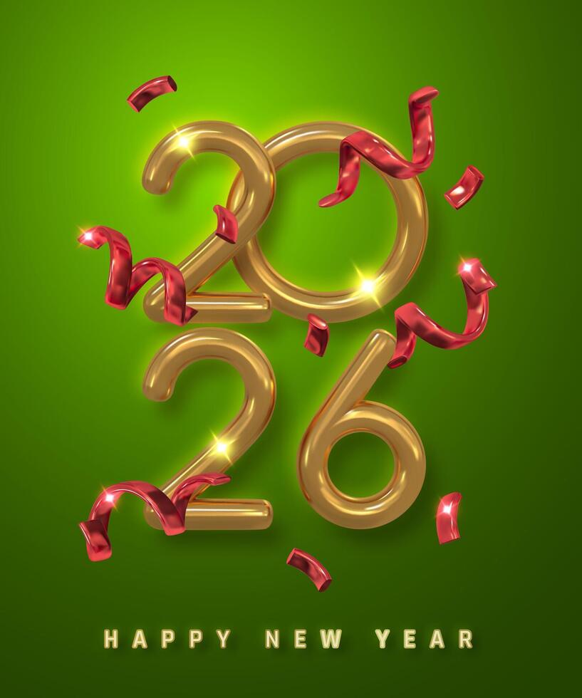 817x980 New Year 2026 Celebration With Golden 3D Numbers, Shiny Red Ribbons, and Bright Green Background. Perfect Festive Design for Holiday Promotions. Illustration