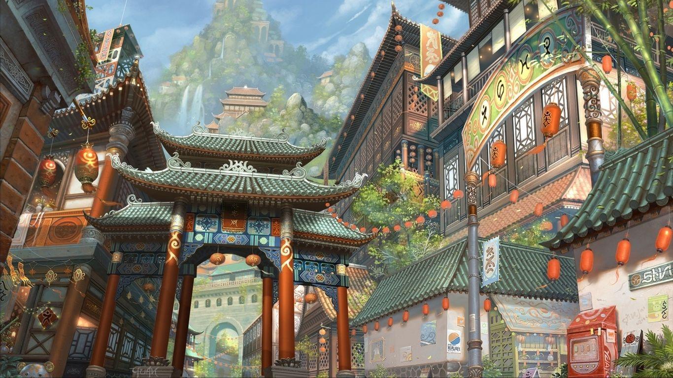 1366x768 Download wallpaper 1366x768 art, asia, building, mountain, bamboo