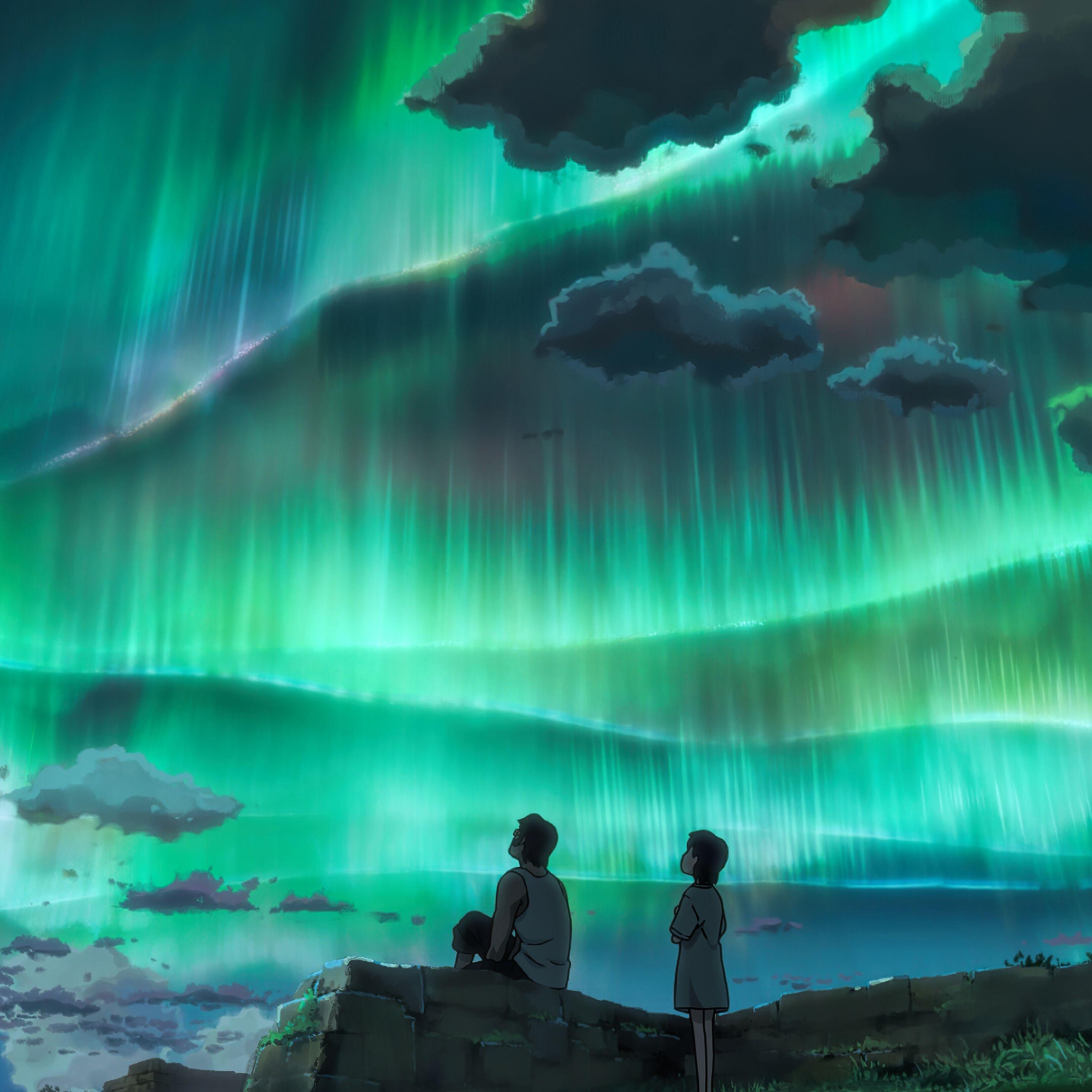 2932x2932 Anime Couple Looking At Aurora Sky 8k iPad Pro Retina