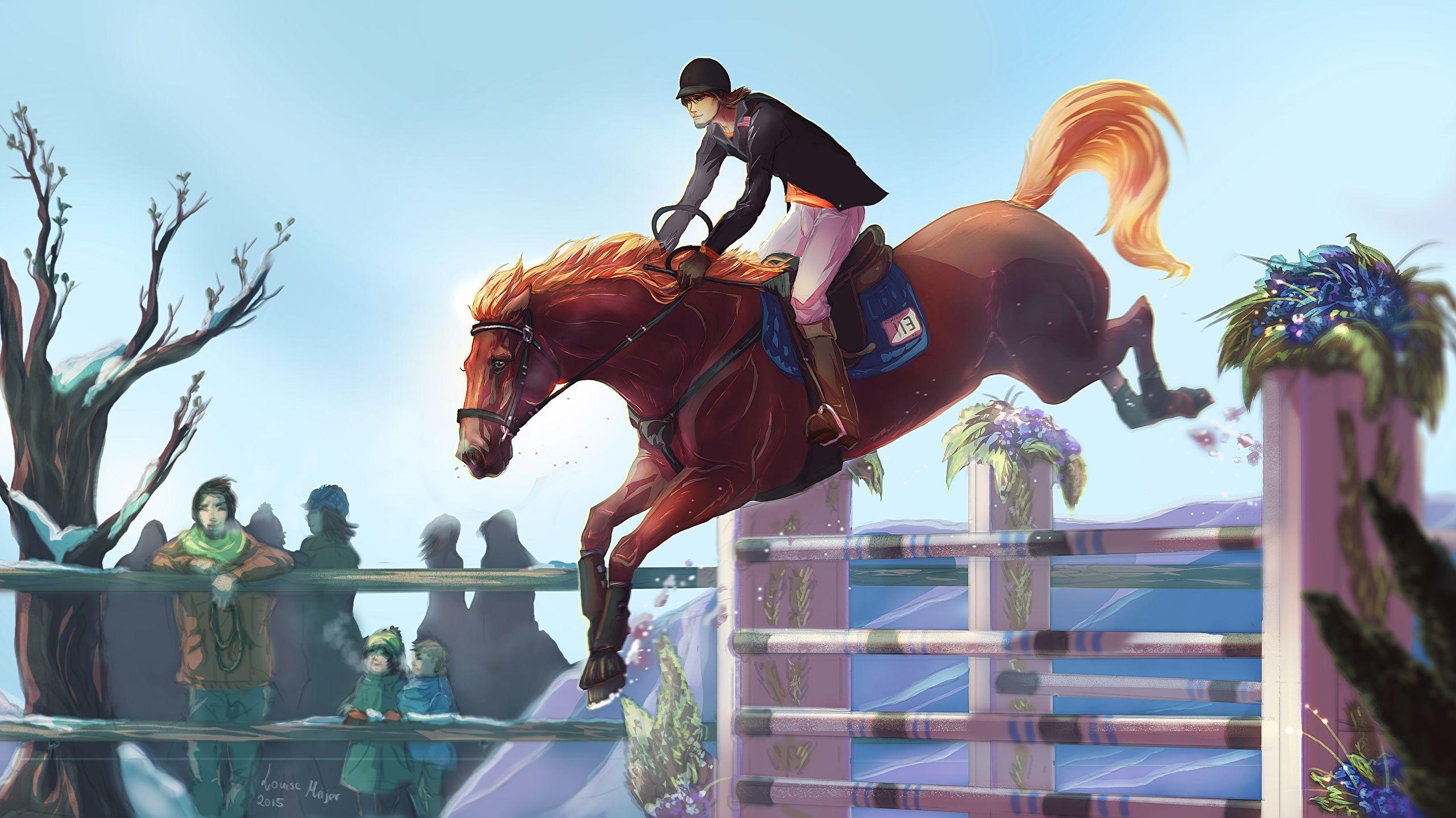 2560x1440 Wallpaper horse Sport Equestrian sport Jump Painting Art 2560x1440