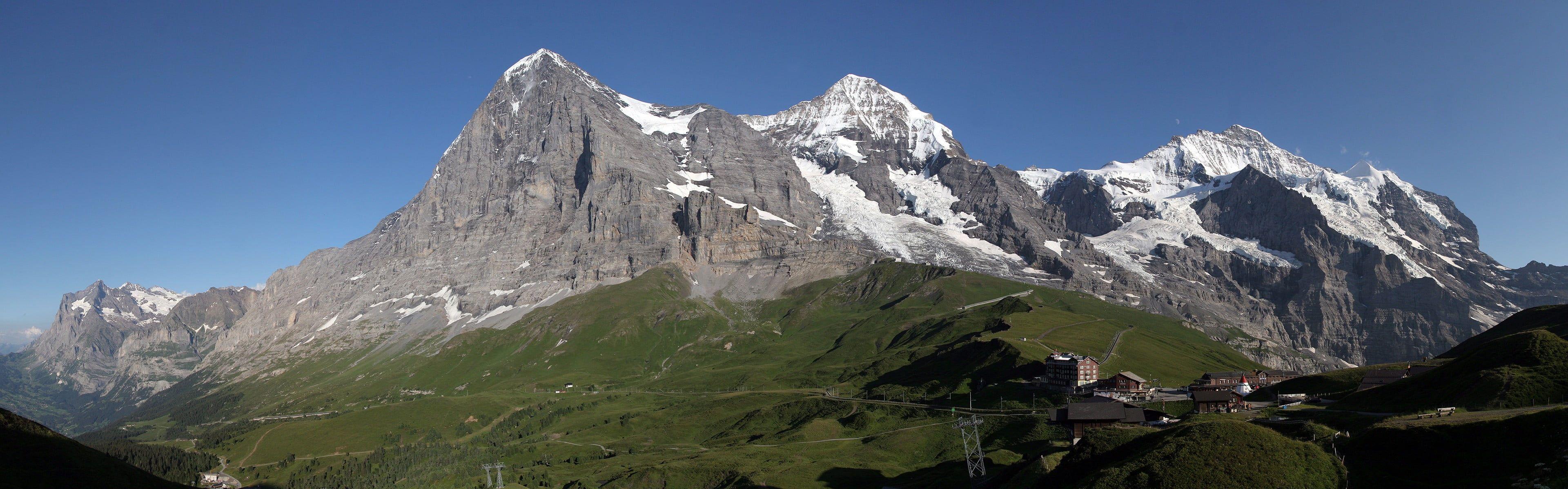 3840x1200 Gray and green mountain, landscape, mountains, multiple display