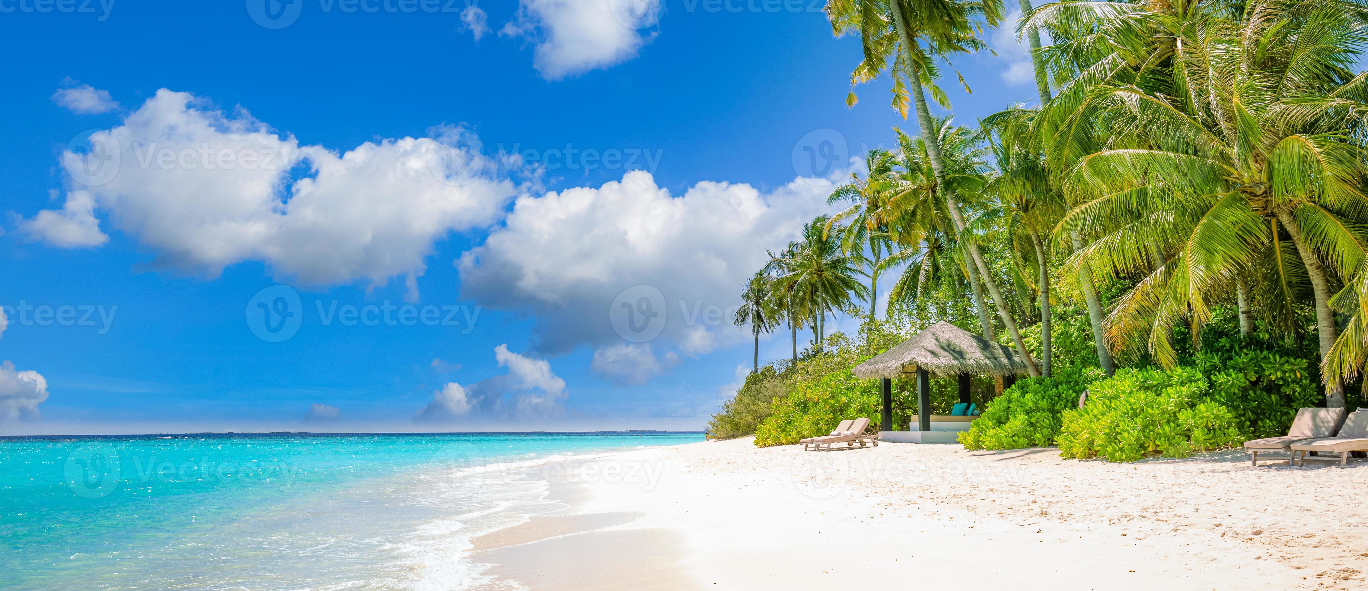 4533x1960 Relax island nature, sea sand sky. Tranquil beach scene. Exotic tropical beach landscape background or wallpaper. Surf of summer vacation holiday concept. Luxury travel beach, resort hotel landscape 7511053