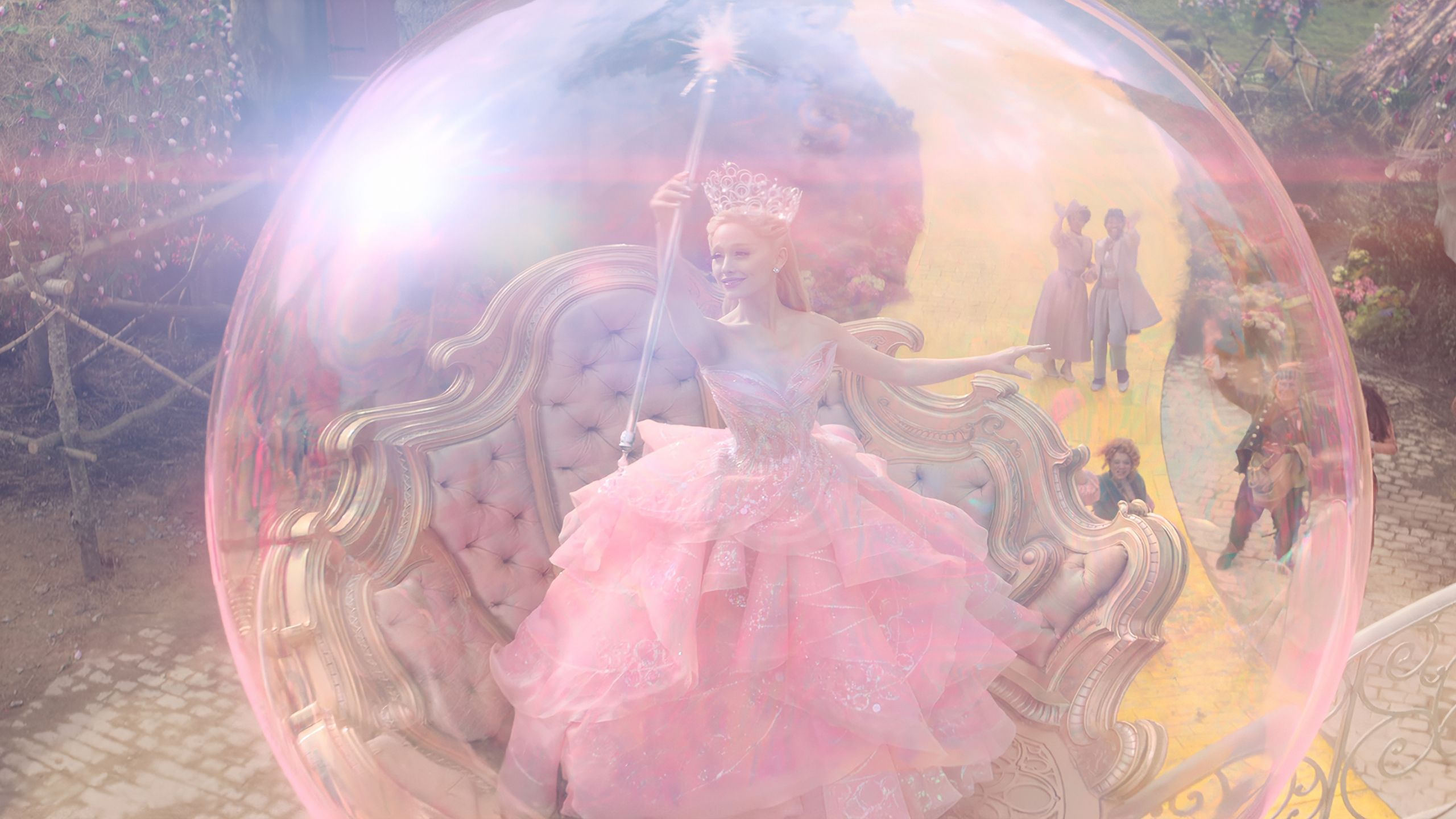 2560x1440 HD wallpaper Wicked movie 2024 with Ariana Grande as Glinda and Cynthia Erivo as Elphaba