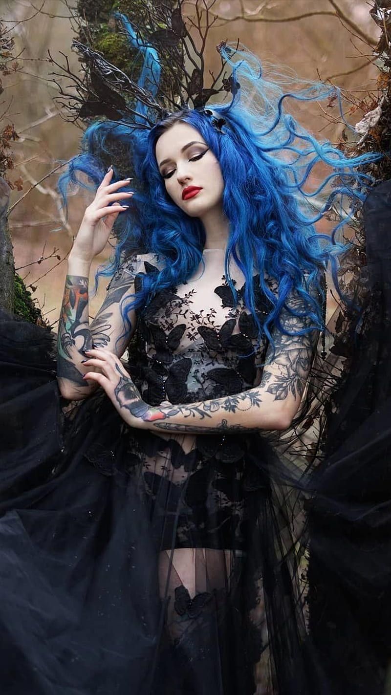 800x1422 Gothic girl, black dress, blue hair, cosplay, mood, pretty, red lips, tattoos, HD phone wallpaper