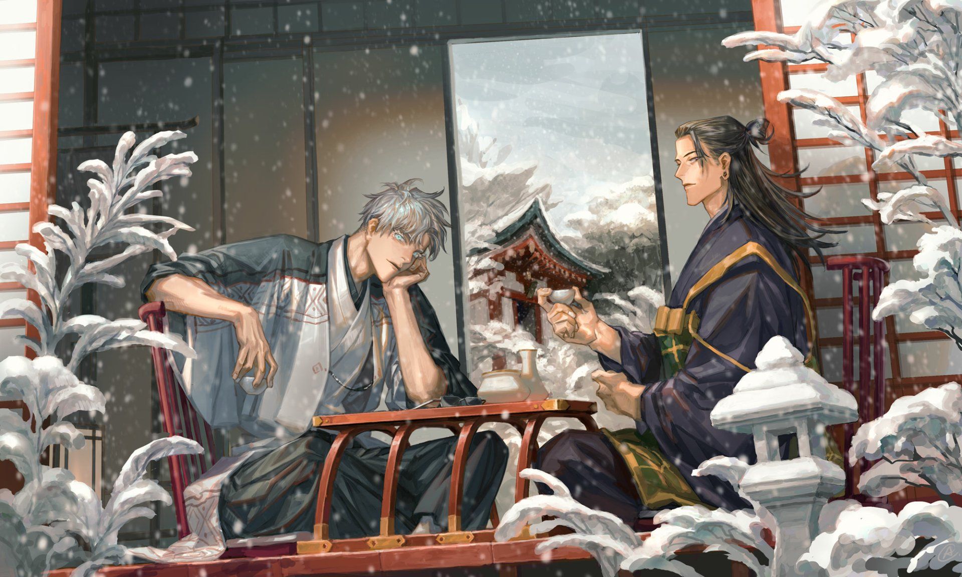 1920x1152 Jujutsu Kaisen HD Wallpaper: Satoru Gojo & Suguru Geto Winter Scene