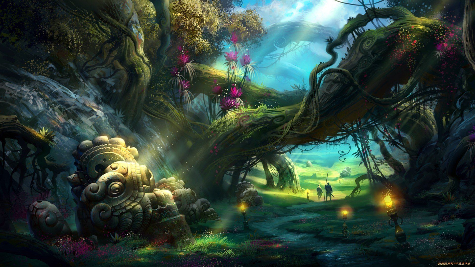 1920x1080 anime, CGI, Photography, Bridge, Sunset, City, Fantasy art, Forest Wallpaper HD / Desktop and Mobile Background