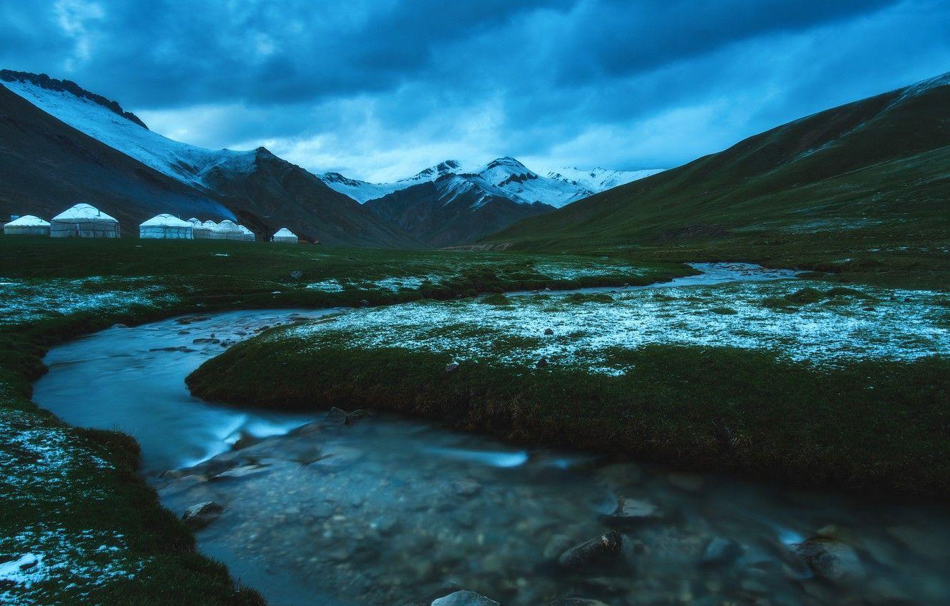 1332x850 Wallpaper snow, landscape, mountains, nature, spring, the evening