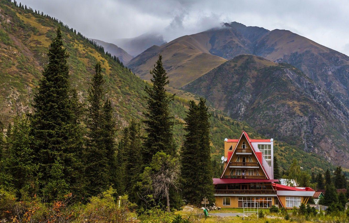 1332x850 Wallpaper forest, clouds, trees, mountains, rocks, home, the hotel