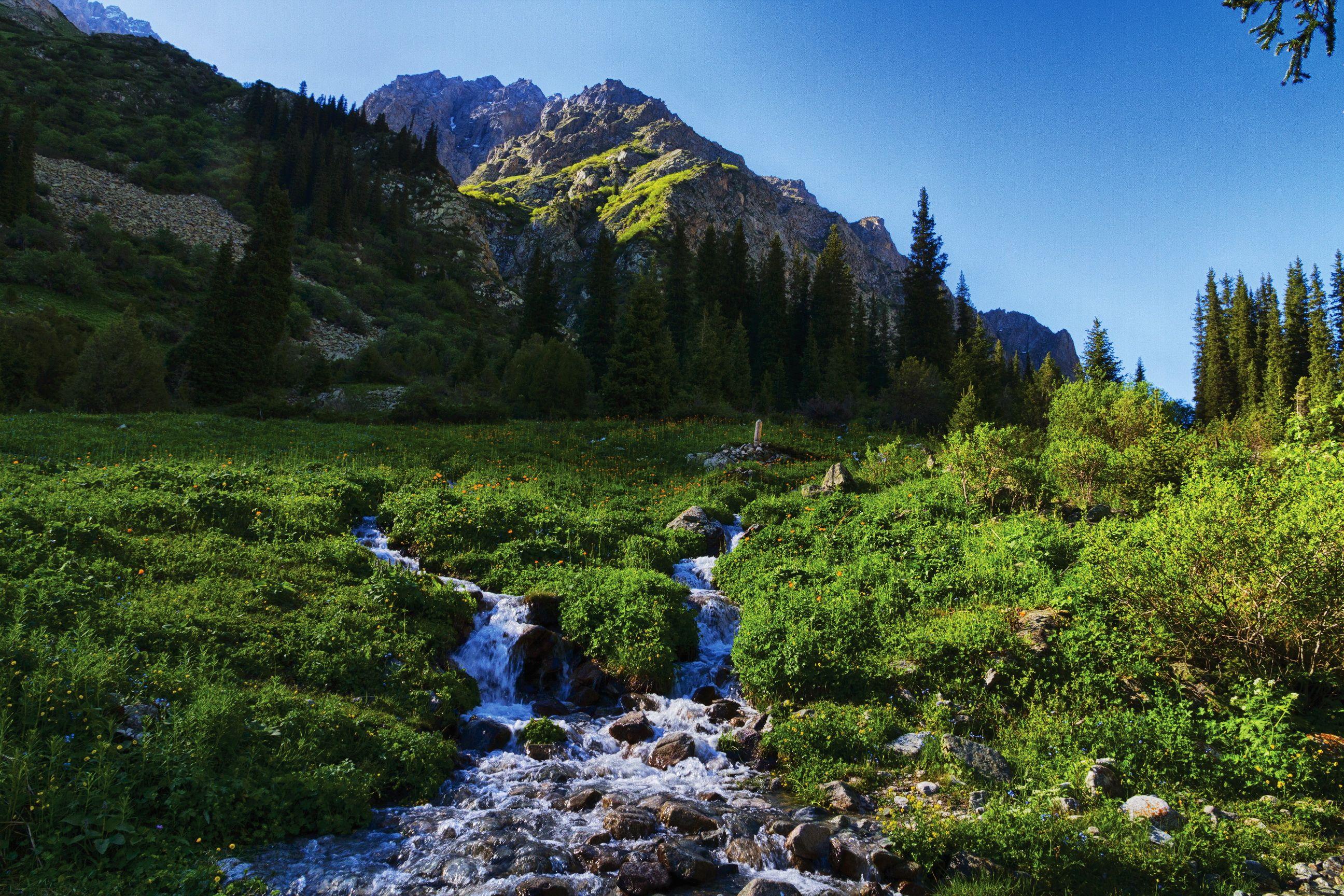 2592x1728 mountains, Scenery, Kyrgyzstan, Tian, Shan, Stream, Grass, Nature