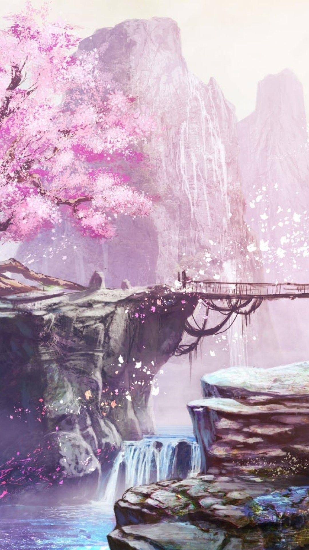 HD wallpaper purple anime cherry trees shrine landscape  Wallpaper  Flare