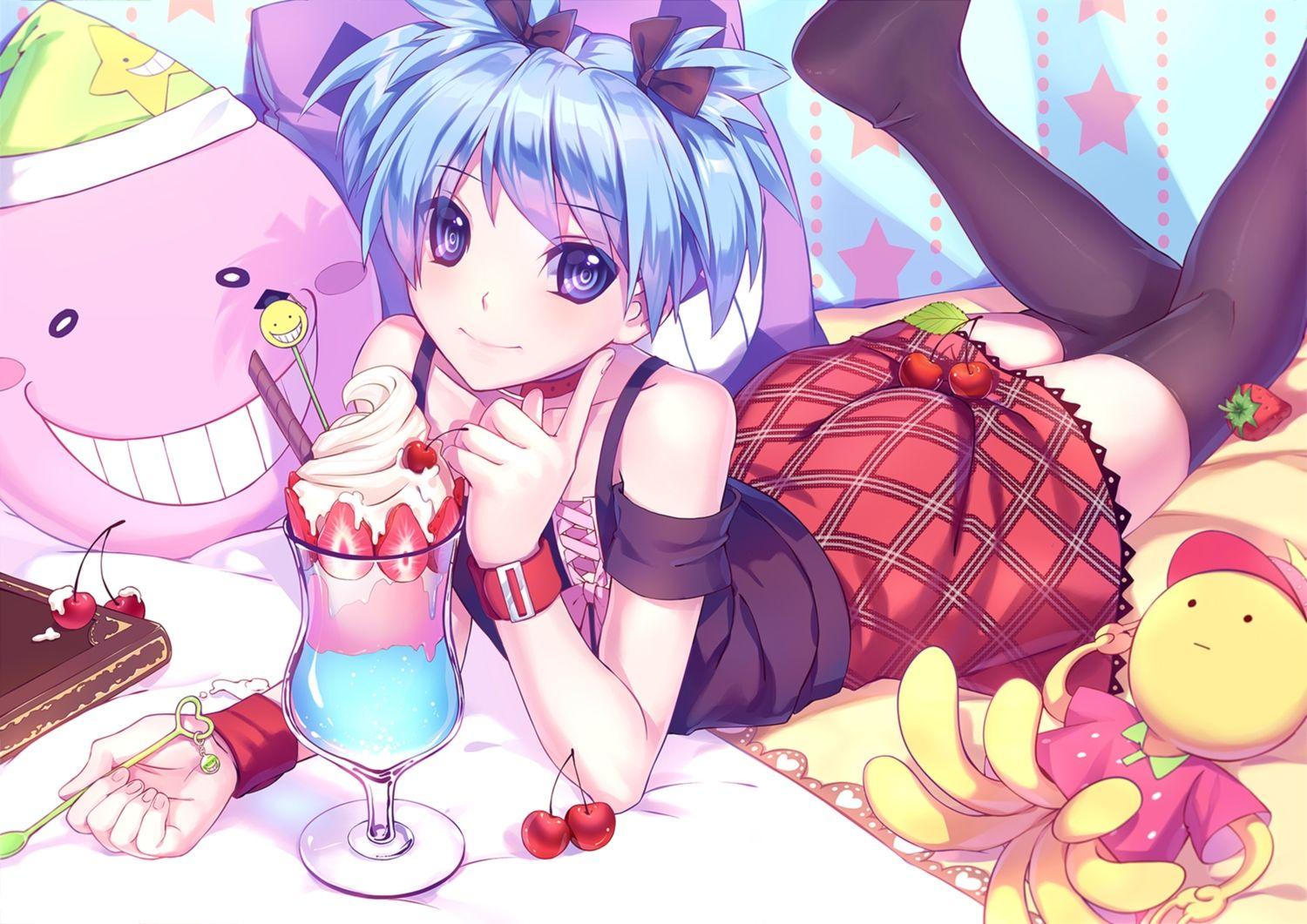 1500x1061 all male ansatsu kyoushitsu blue eyes blue hair cherry food fruit