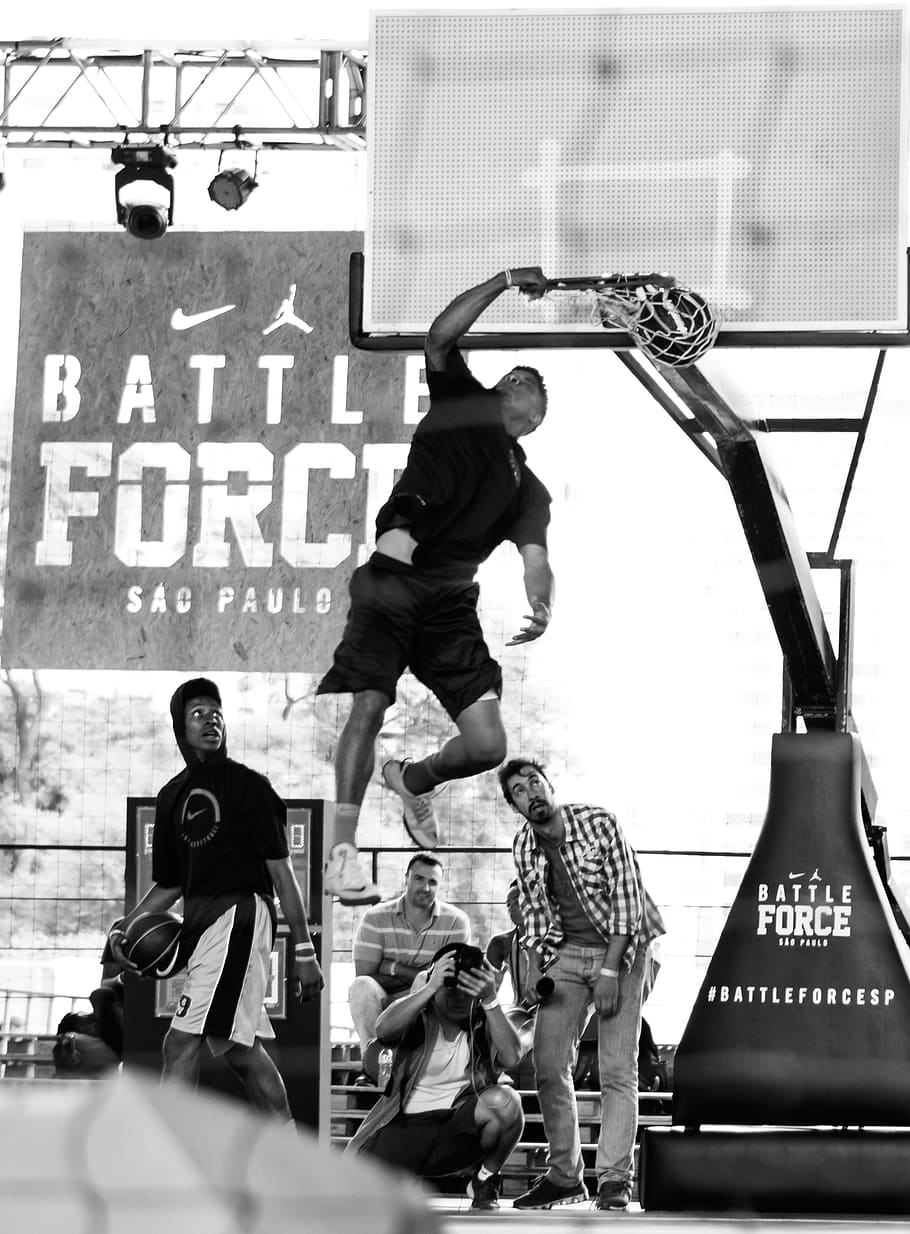 910x1234 HD wallpaper: Monochrome Photo of Man Dunking on Basketball Ring