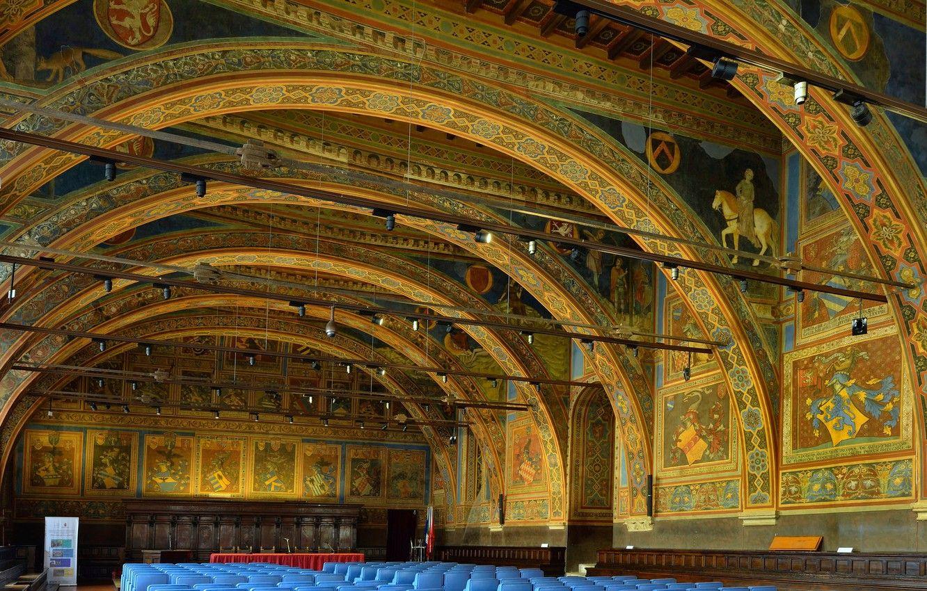 1332x850 Wallpaper Italy, mural, Perugia, Palazzo dei priori, Hall
