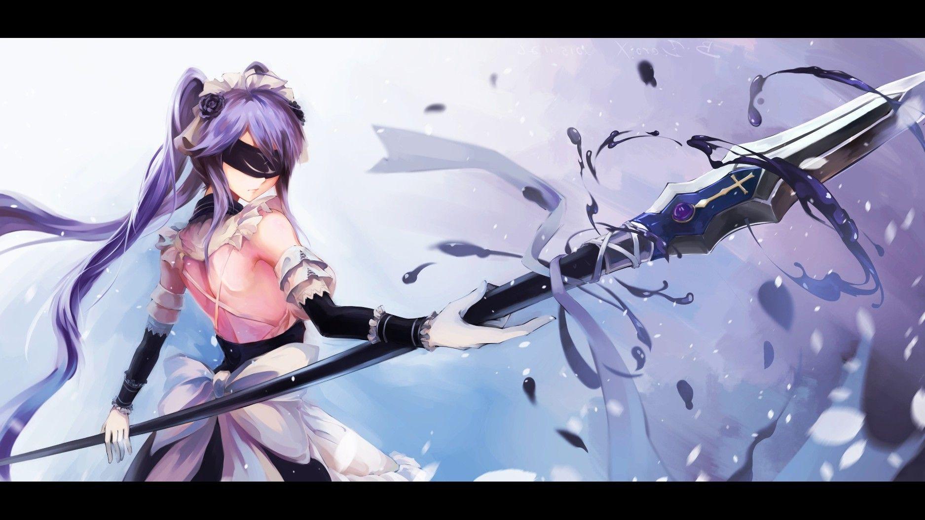 1875x1055 anime, Anime Girls, Blindfold, Spear, Weapon, Purple Hair