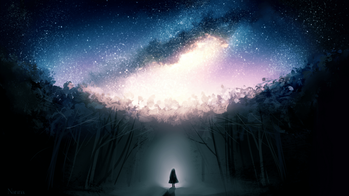 1366x768 Download 1366x768 Stars, Dark Forest, Fantasy Girl, Alone