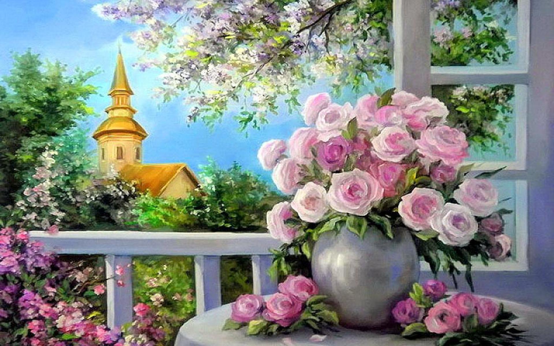 1920x1200 SPRING BOUQUET IN THE WINDOW WALLPAPER - Wallpaper