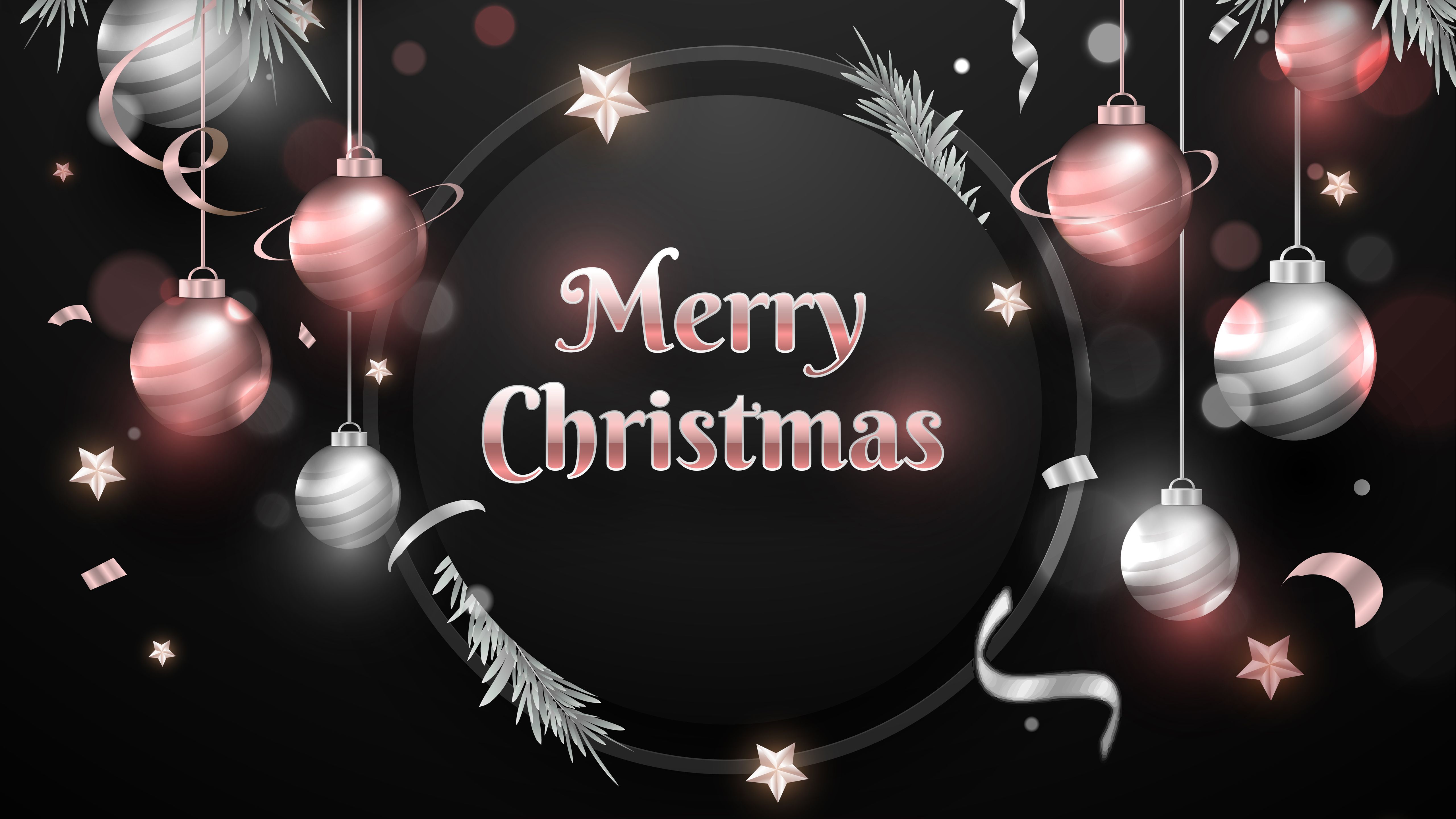 5120x2880 Merry Christmas Words With Decorated Bauble Ornaments And Stars 4K 5K HD Merry Christmas Wallpaper