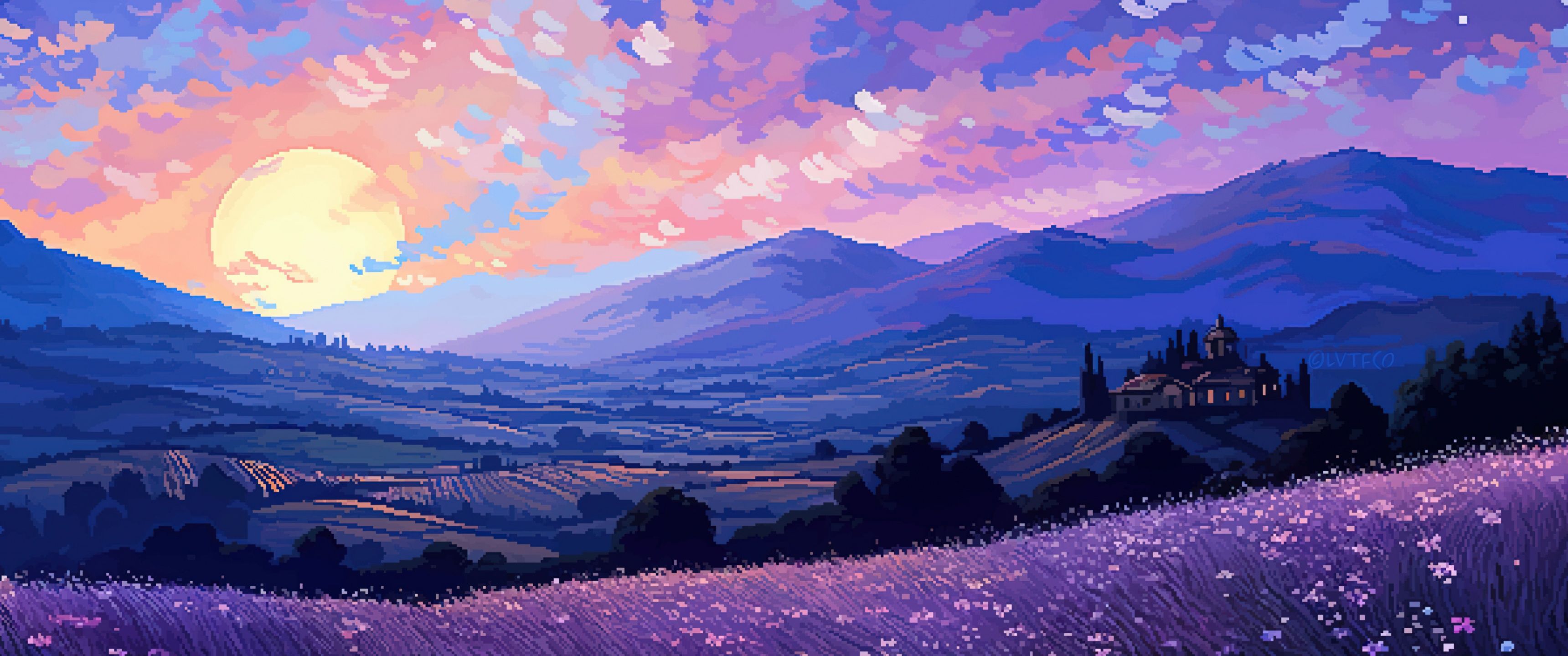 3440x1440 Tuscany Wallpaper 4K, Pixel art, Sunset
