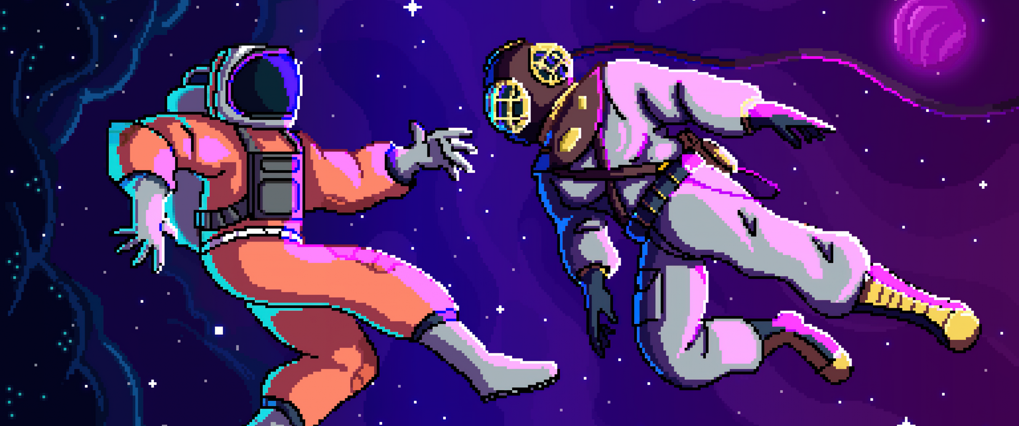 3440x1440 Astronauts Wallpaper 4K, Pixel art, Illustration