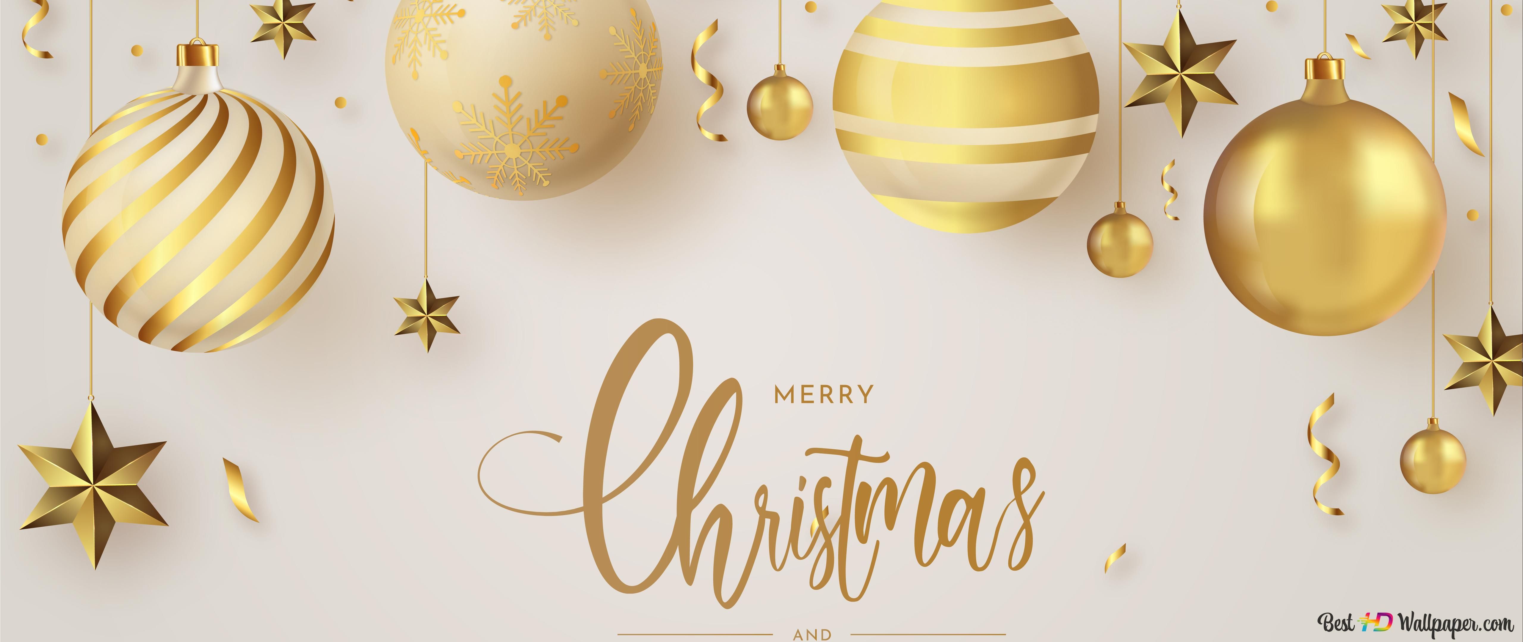 5120x2160 Merry Christmas and happy new year golden words 4K wallpaper download