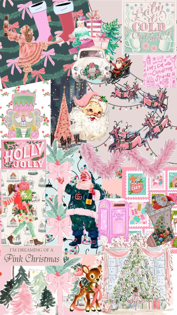 750x1333 Holly Jolly Pink Christmas Collage Wallpaper for iPhone