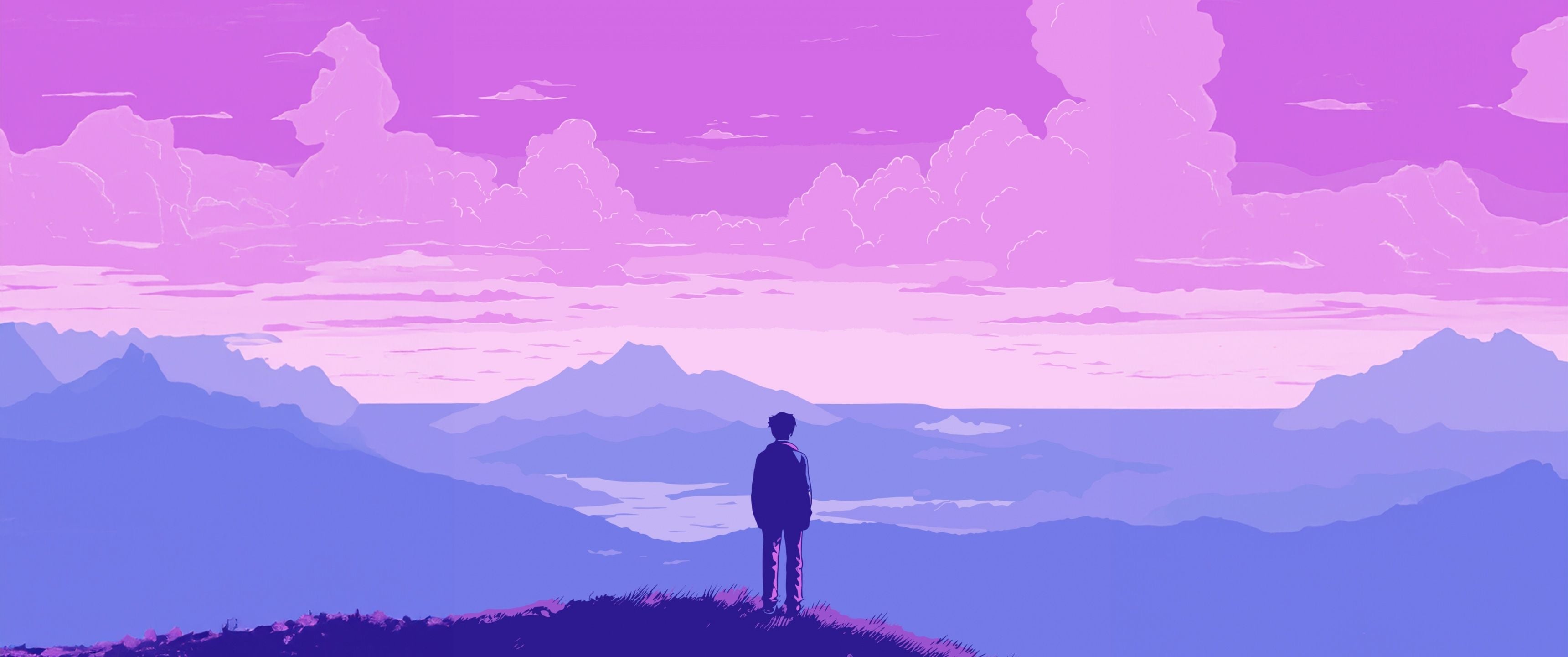 3440x1440 Lofi boy Wallpaper 4K, Landscape, Pixel art, Purple sky